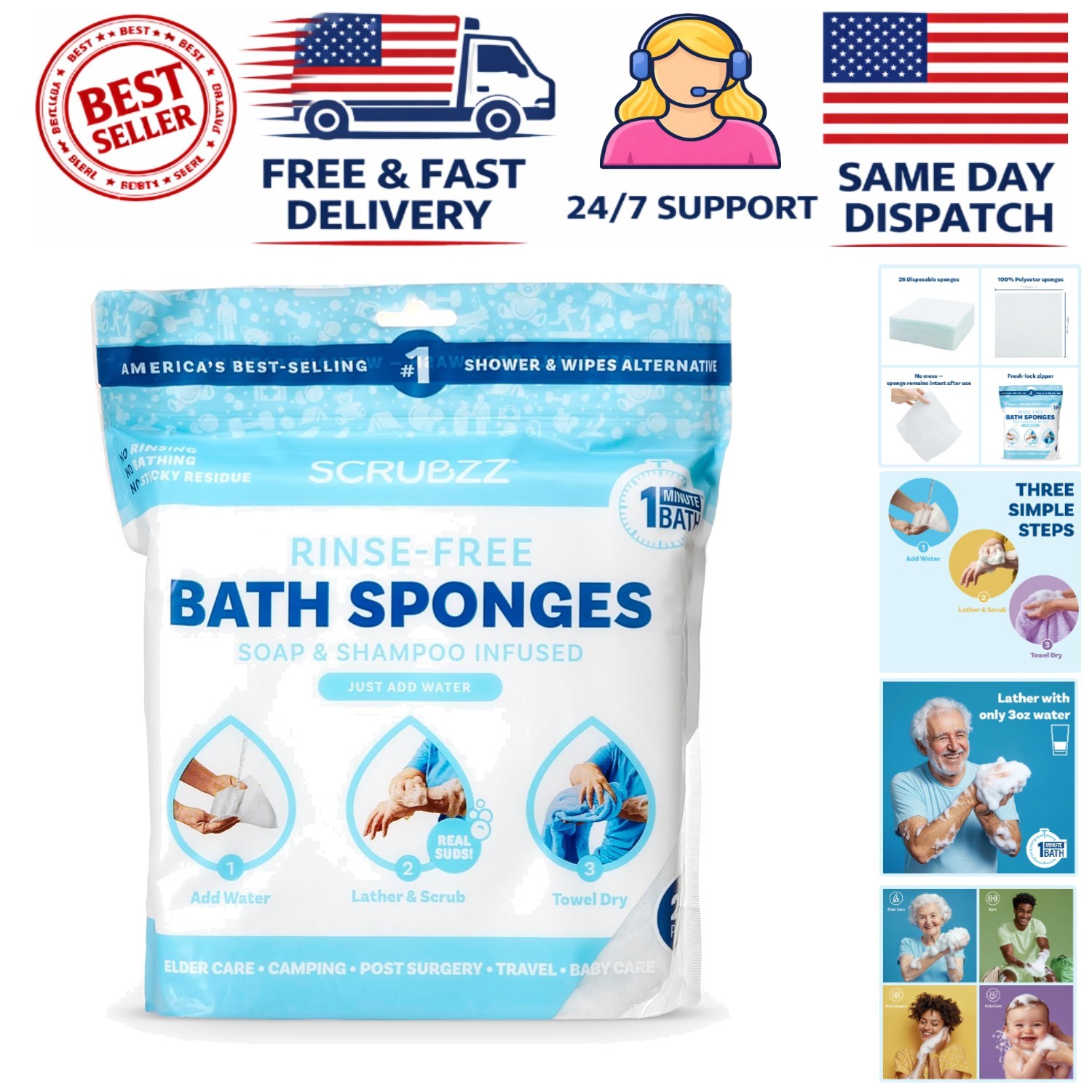 Hypoallergenic Disposable Bathing Wipes – 25 Rinse-Free Cleaning Sponges