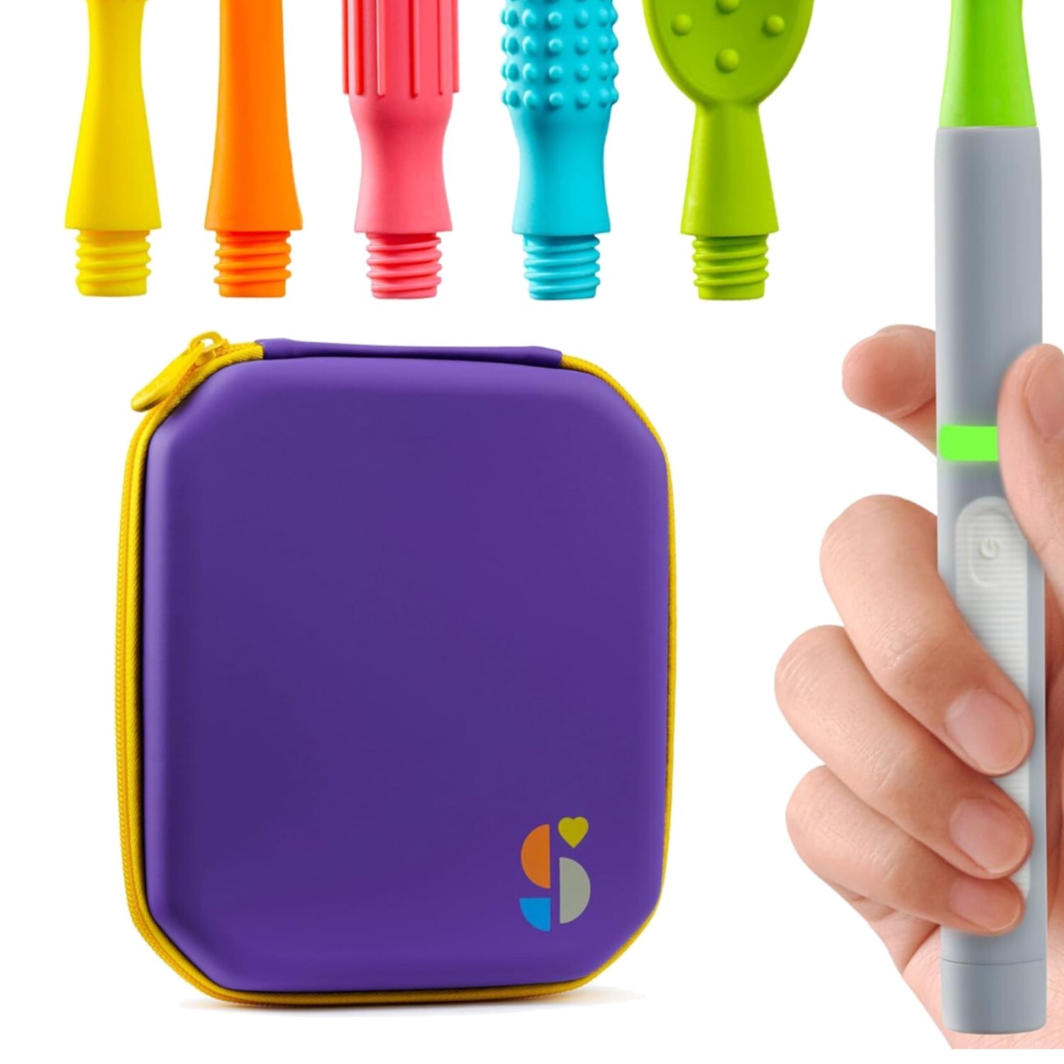Buzz Buddy Oral Motor Stimulation Kit with 6 Textured Heads & Soft Vibration`