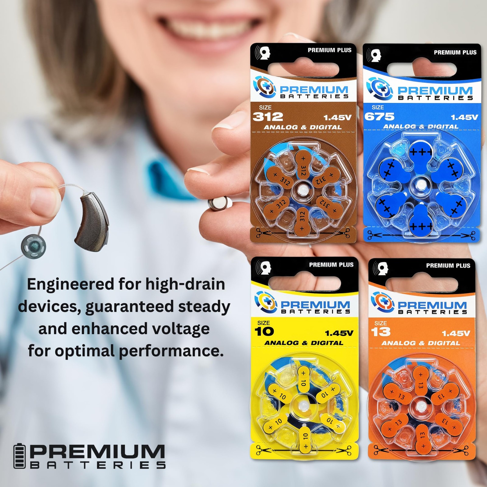 Premium Batteries Size 312 Pr41 P312 Za312 1.45V Zinc Air Hearing Aid Batteries