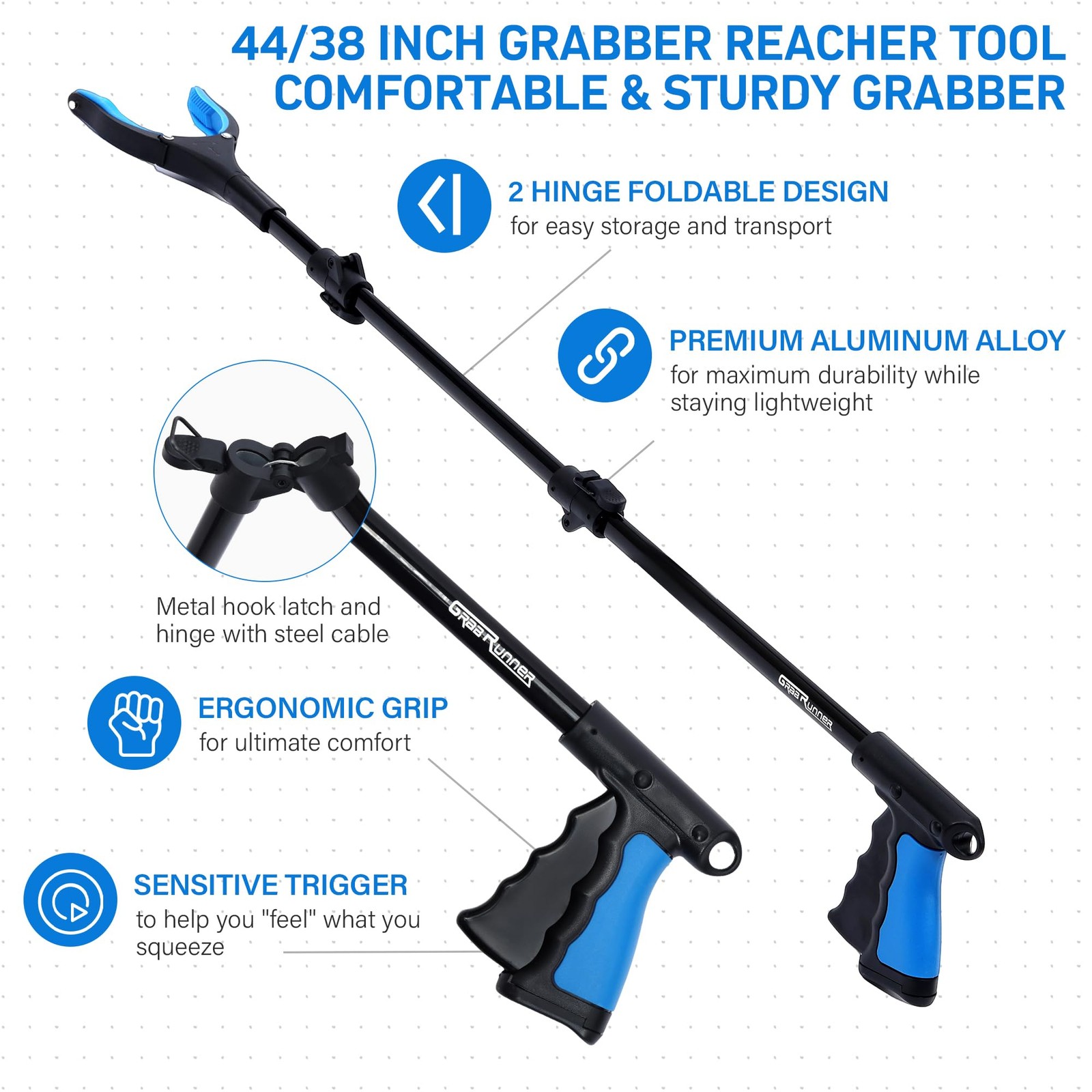 GrabRunner 38 Inch & 44 Extra Long Grabber Reacher Tool Long, Blue