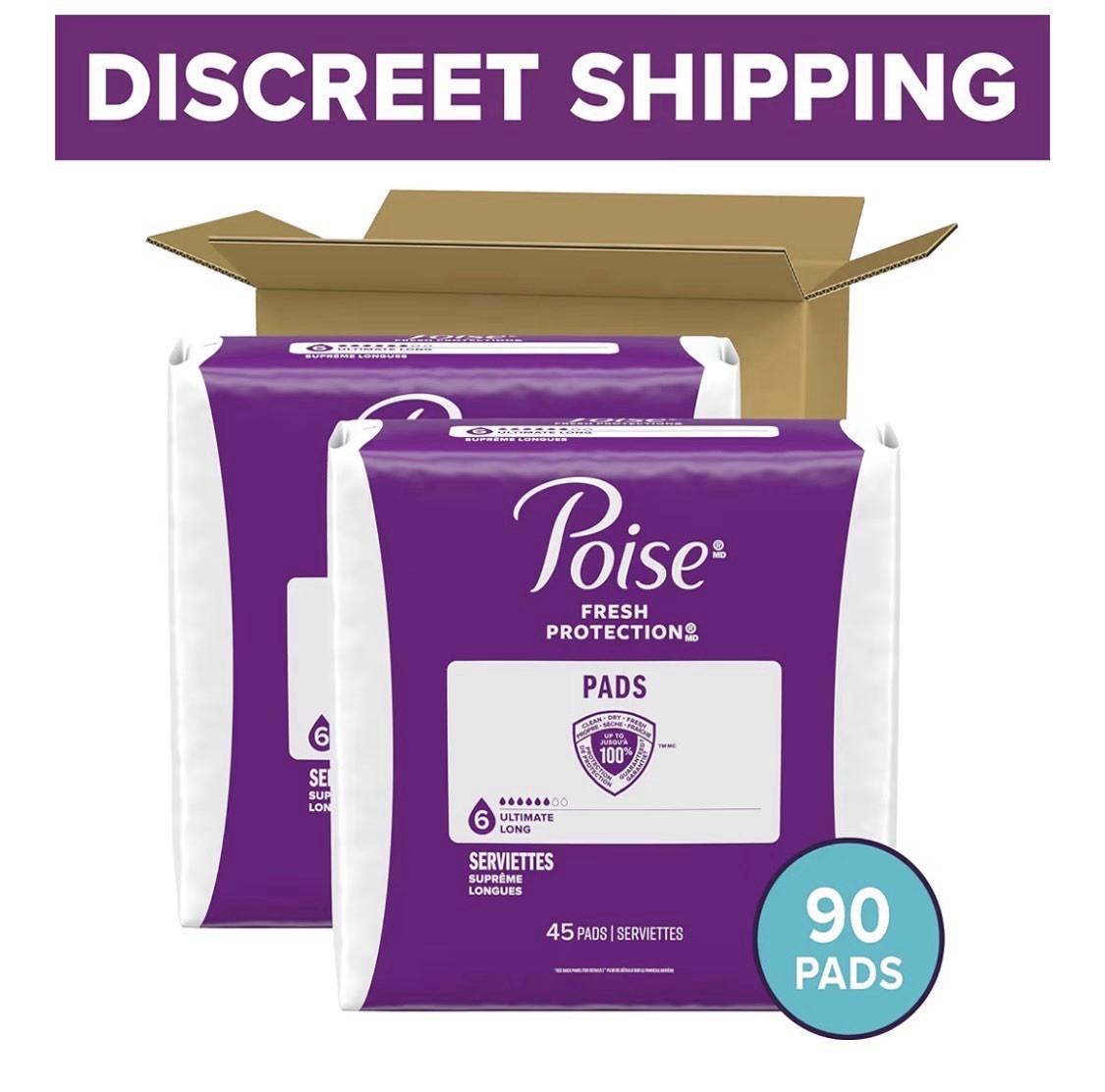 Poise Incontinence Pads for Women, 6 Drop Ultimate Absorbency, Long Length, 90Ct