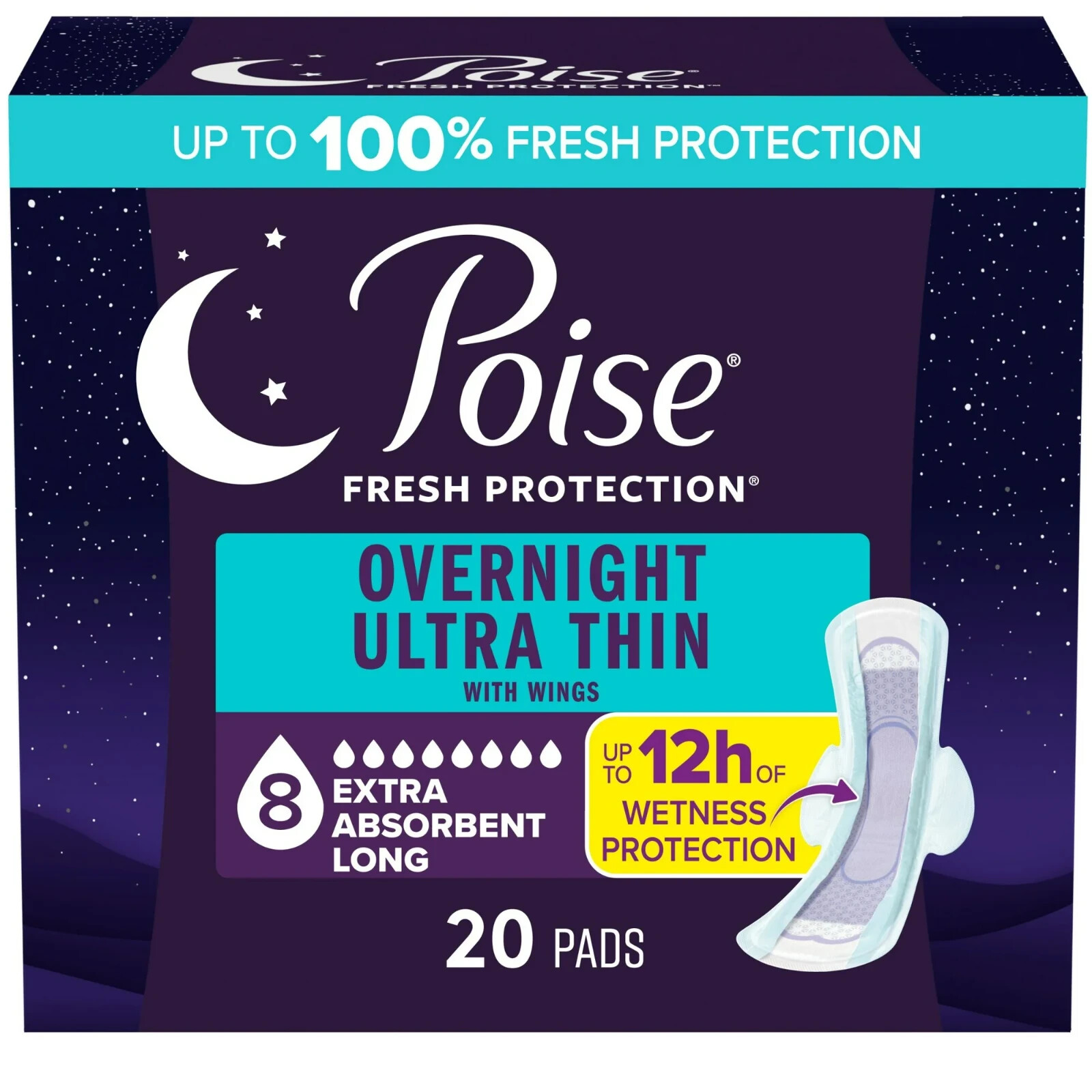 Poise Overnight Ultra Thin Incontinence Pads with Wings, Extra Absorbent 20 CT
