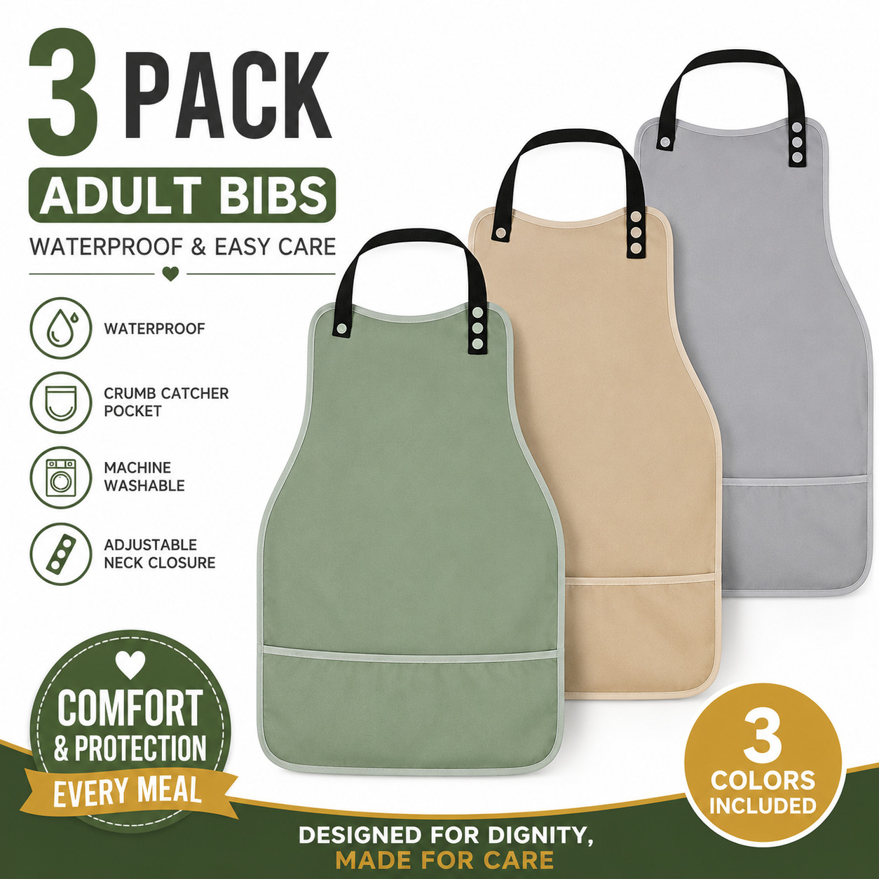 3 Pack Adult Bibs for Eating Waterproof Washable Elderly Bibs w/ Pocket