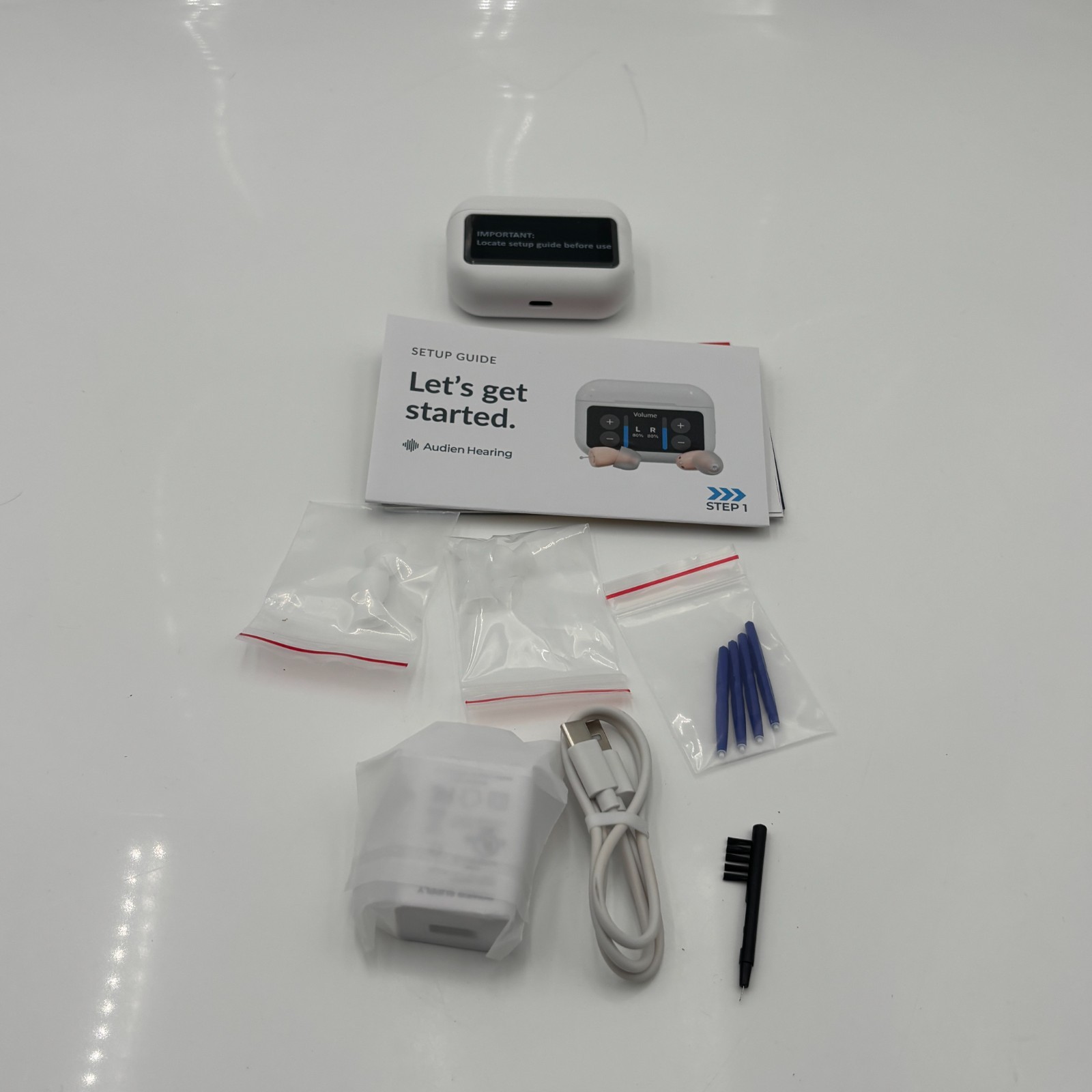 Audien Hearing ATOM X Rechargeable OTC Hearing Aids White USB C New Open Box
