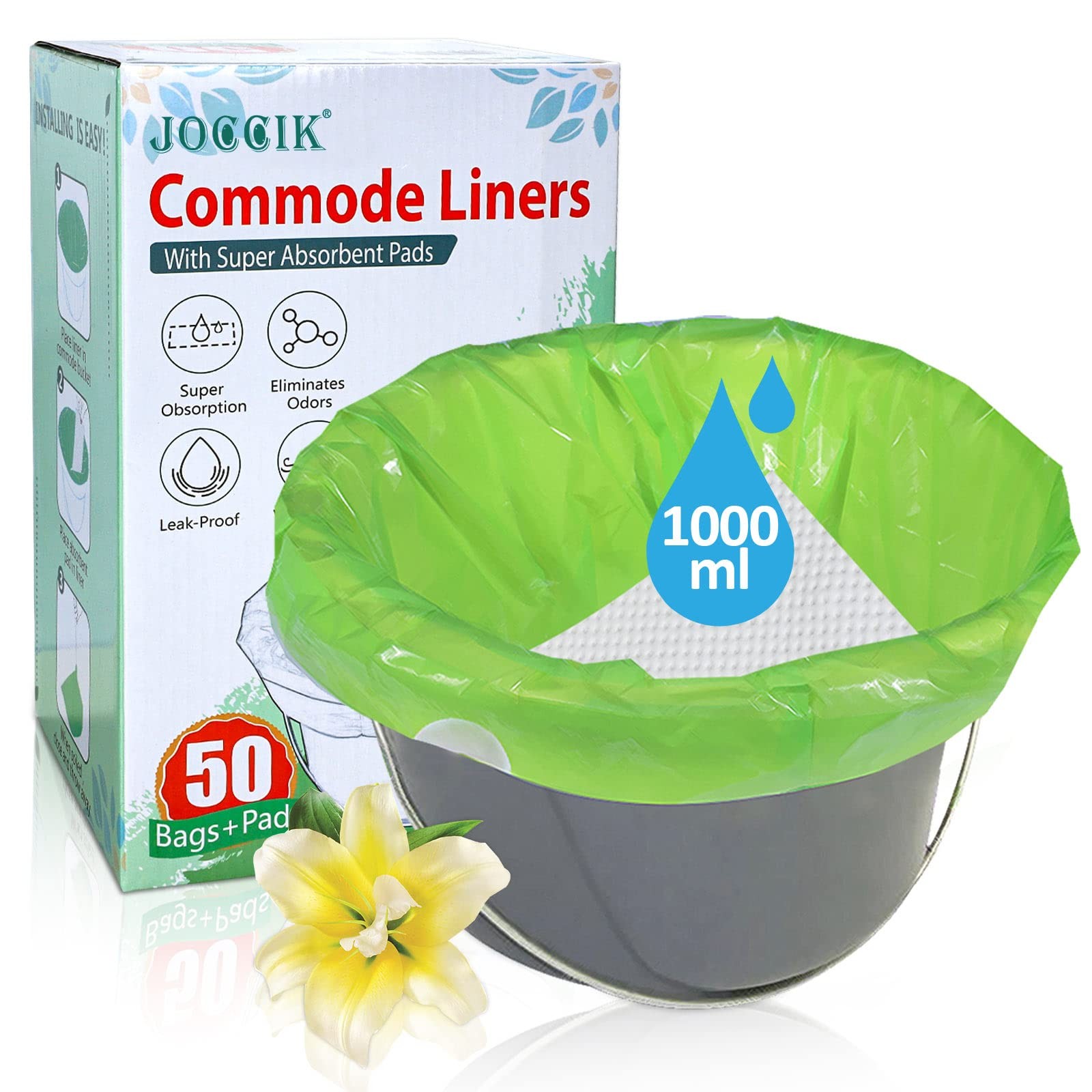 Commode Liners for Bedside Commode with Super Absorbent Pad 50 Pack Disposabl…