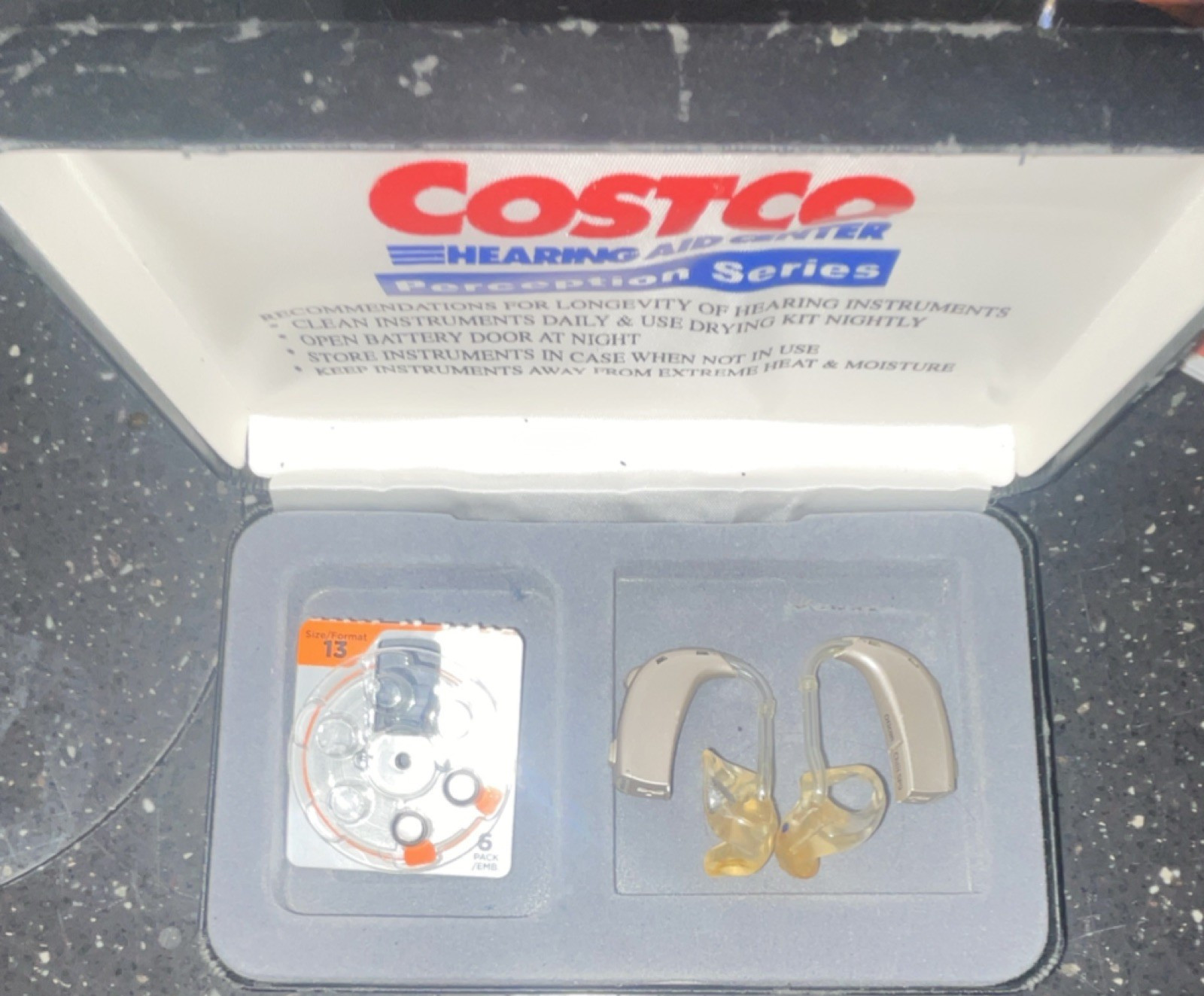 Costco Perception Series Behind the Ear Hearing Aid Beige with Battery & Case