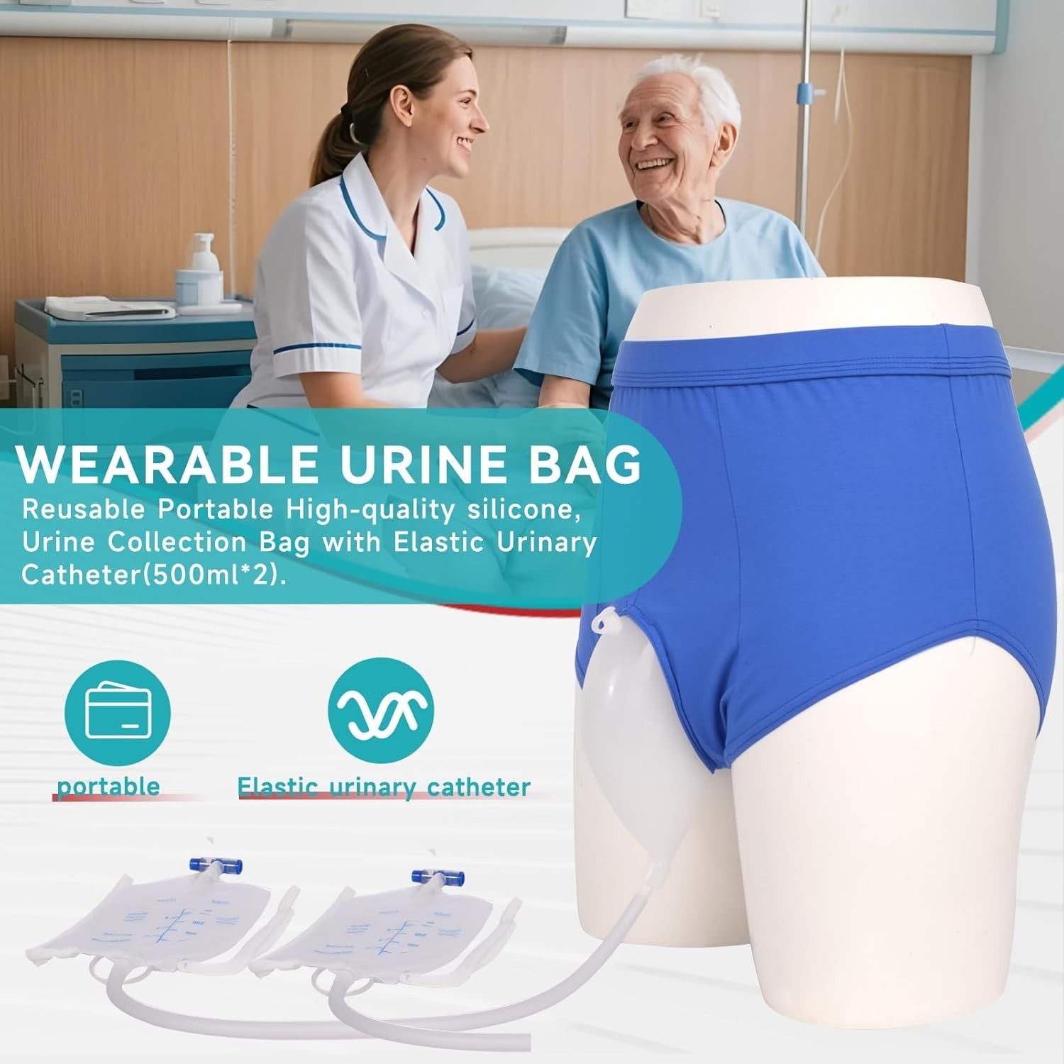 Men’s Wearable Urine Collector:500ml×2 Reusable Leakproof Leg Bags,Portable Cath