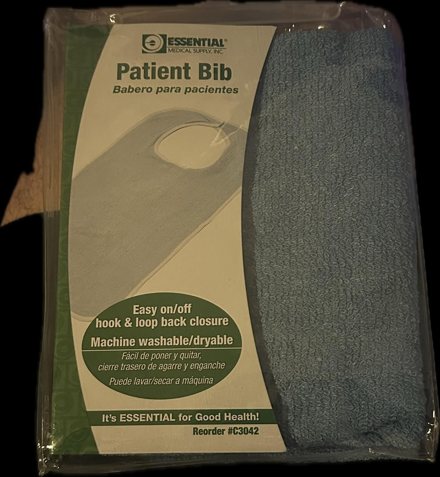 Essential Medical Supply Patient Bib, Blue, Terry Cloth with Hook & Loop Closure