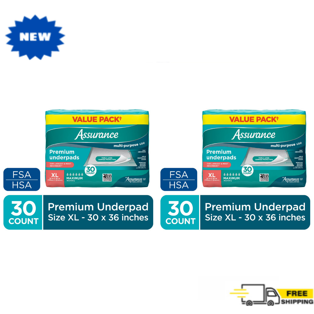 Assurance Unisex Premium Underpad for Adults, XL, Maximum Absorbency, 30 Ct, 2PK