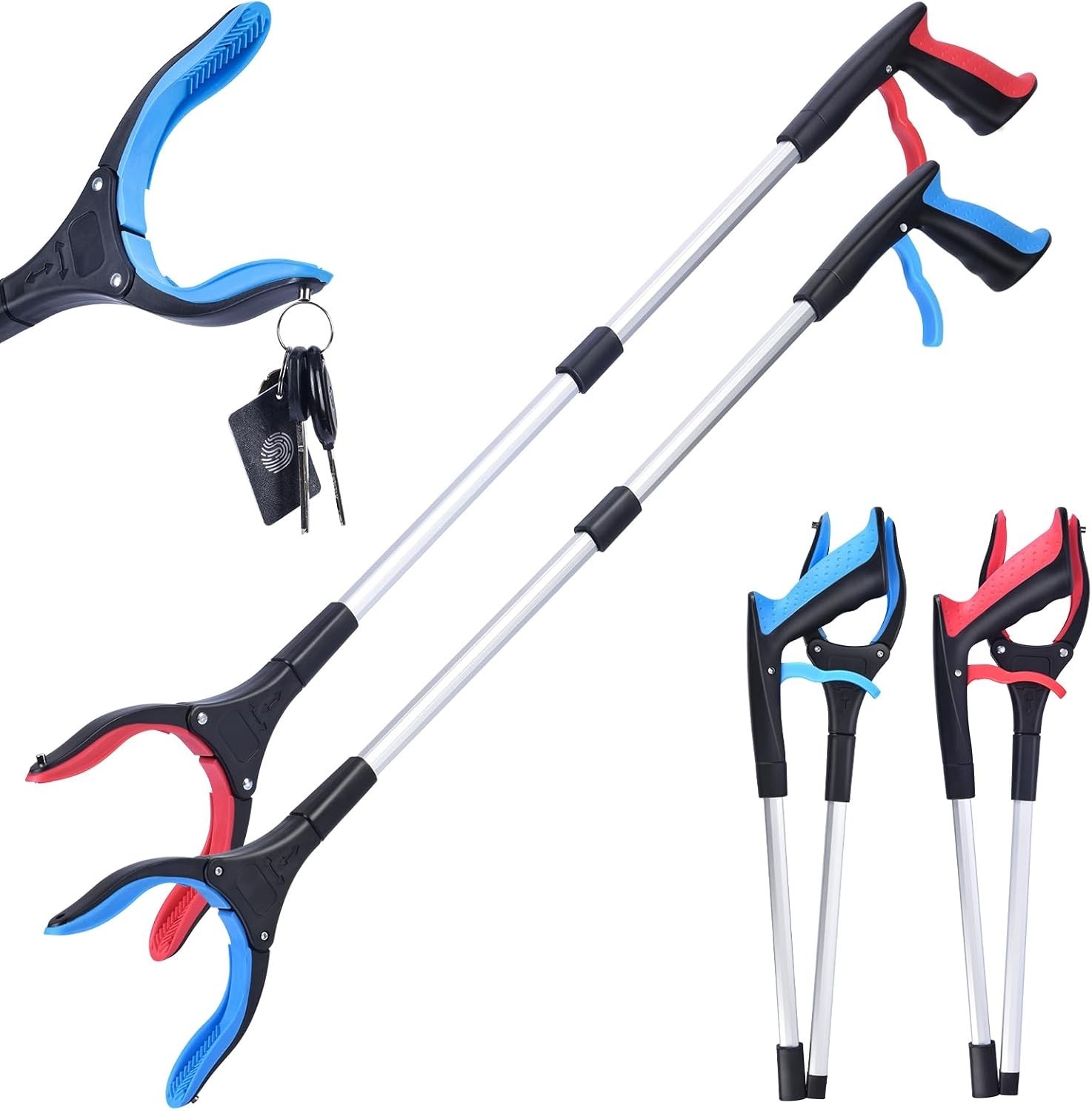 2- Pack 32 inch GrabRunner Folding Reacher Grabber Tool with Magnetic(Blue/Pink)