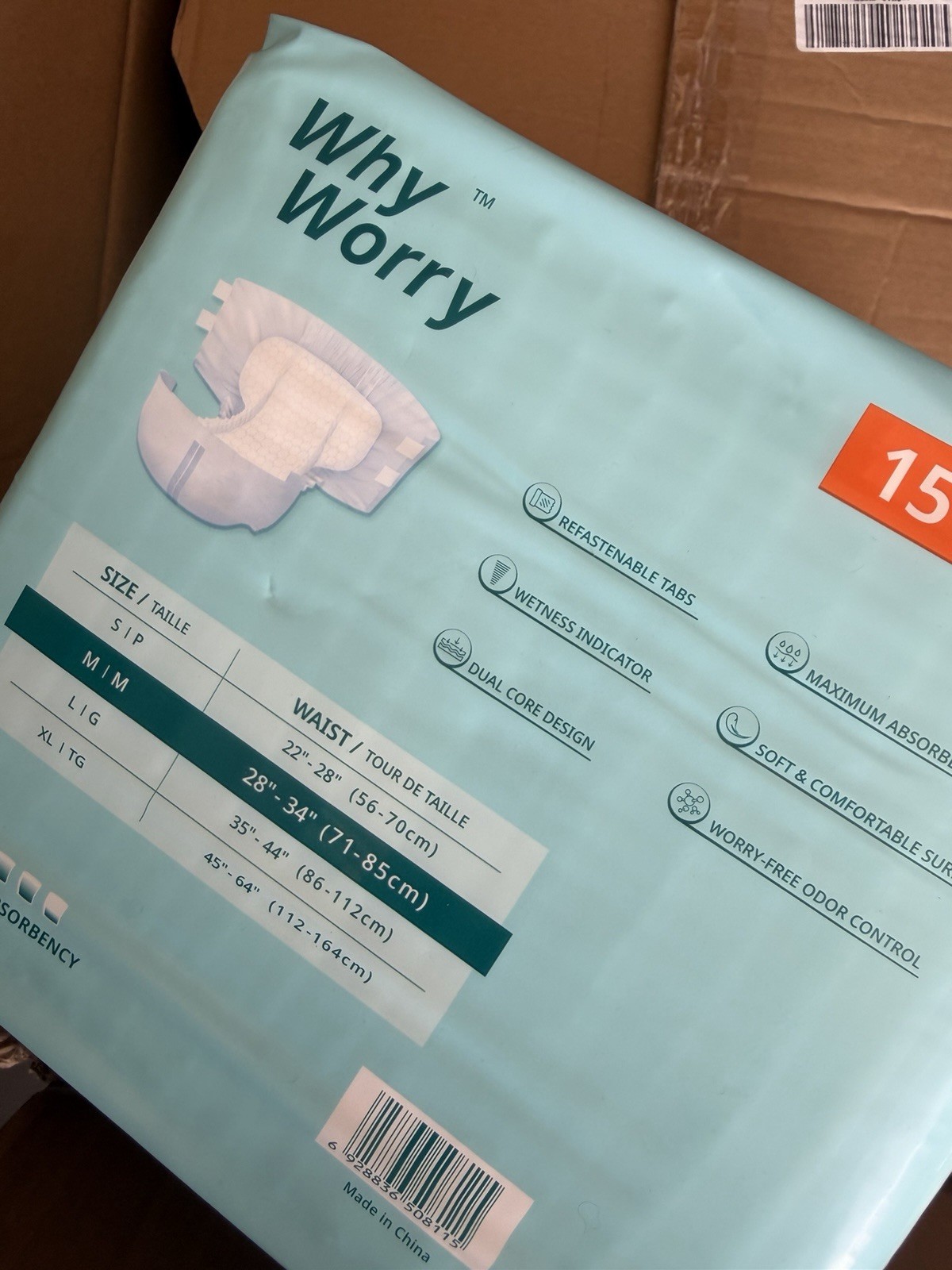 Why worry adult with tabs Briefs With Tabs 15 count size M Medium