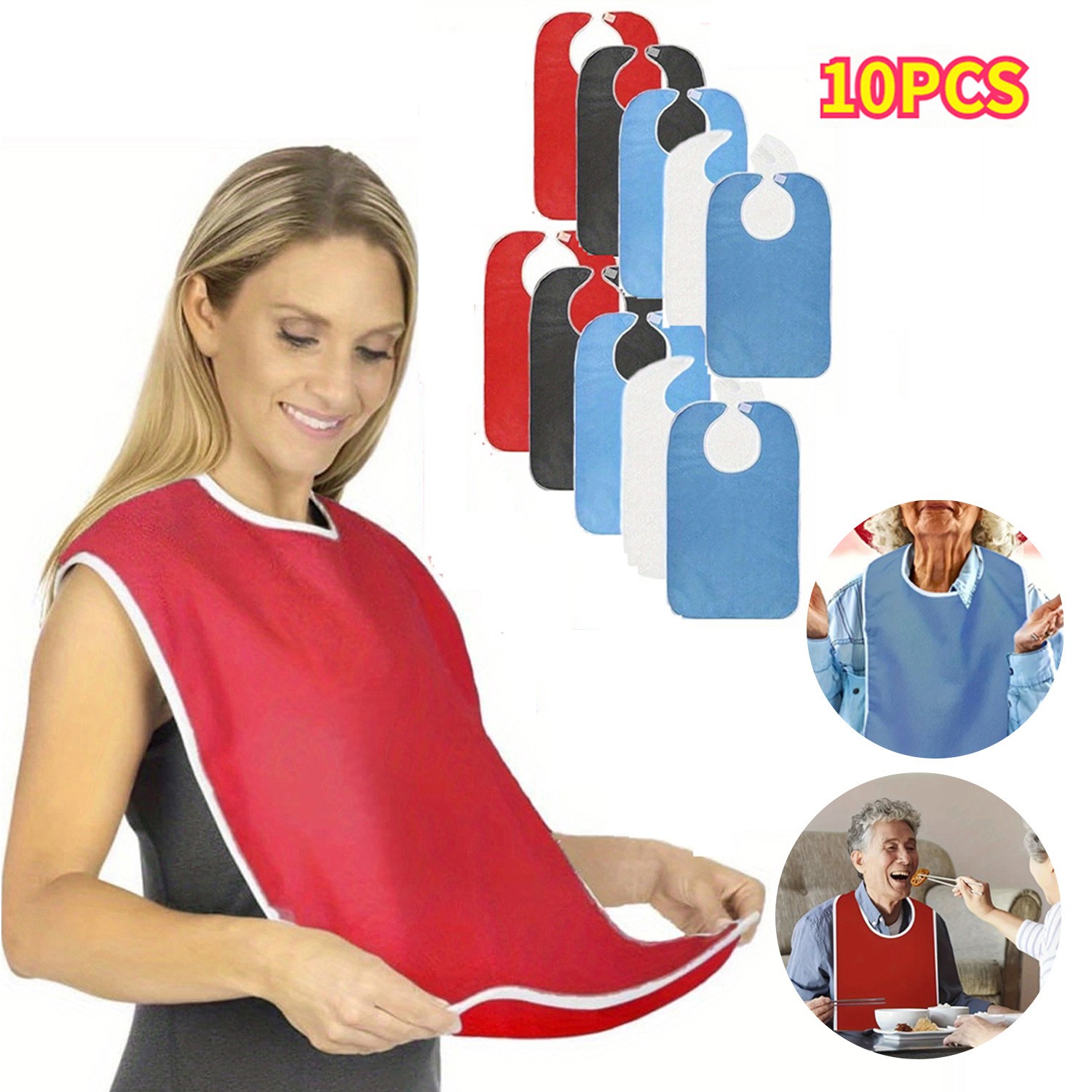 10 Pack Terry Cloth Adult Bibs/Senior Meal Time Clothing Protector w/Hook&Loop