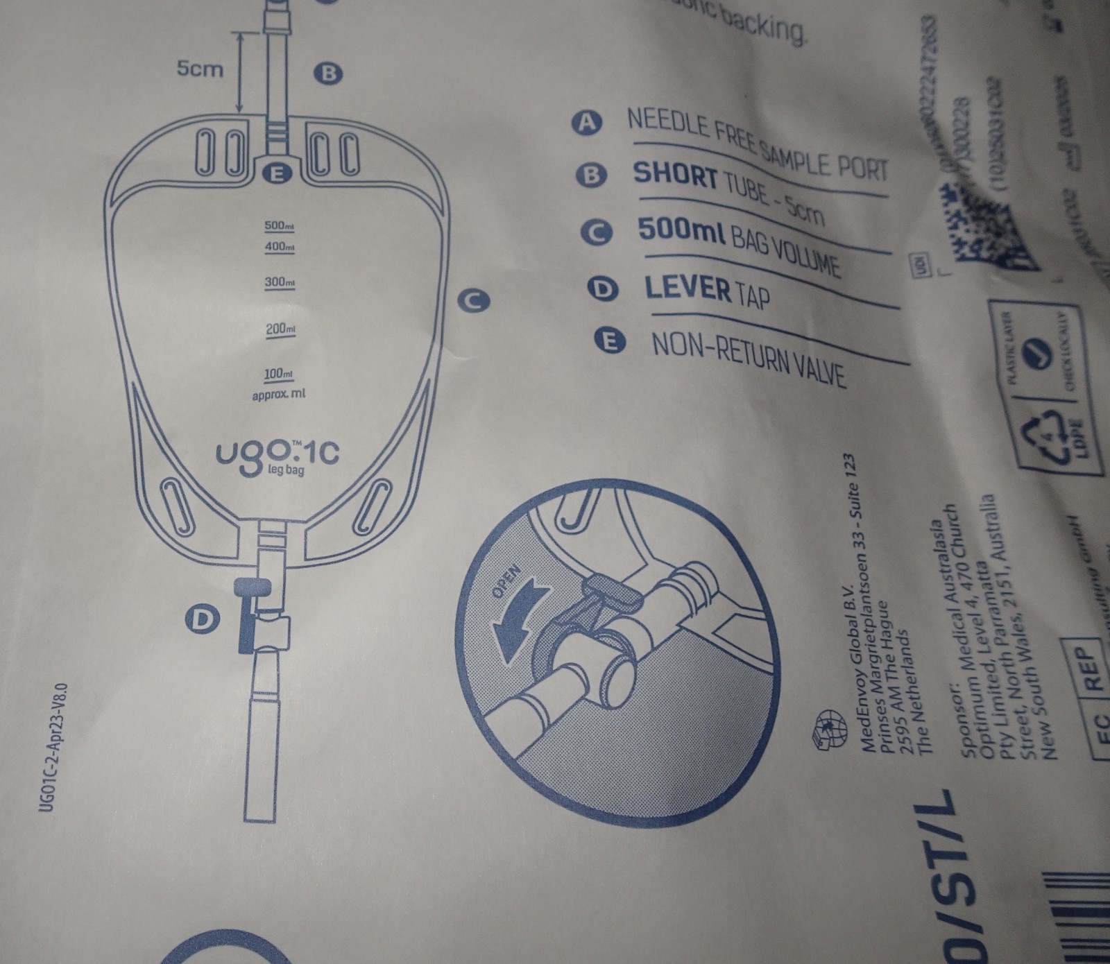 9 NEW Ugo 1C 1C/500/ST/L = Leg Bags Urine Drainage Catheter T Tap or Lever Tap
