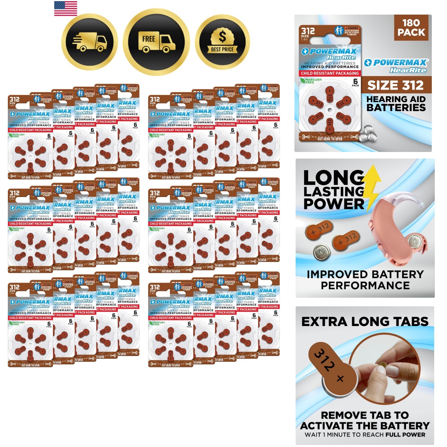 Size 312 Hearing Aid Batteries, 180 Count Long-Lasting Battery Pack, Brown Lo…