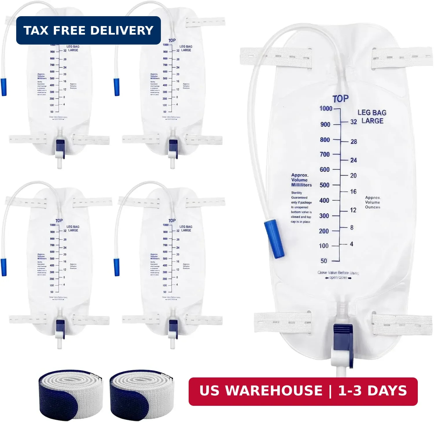 5 Pack 1000mL Catheter Leg Bags for Men and Women,Urinary Drainage Bag with Anti