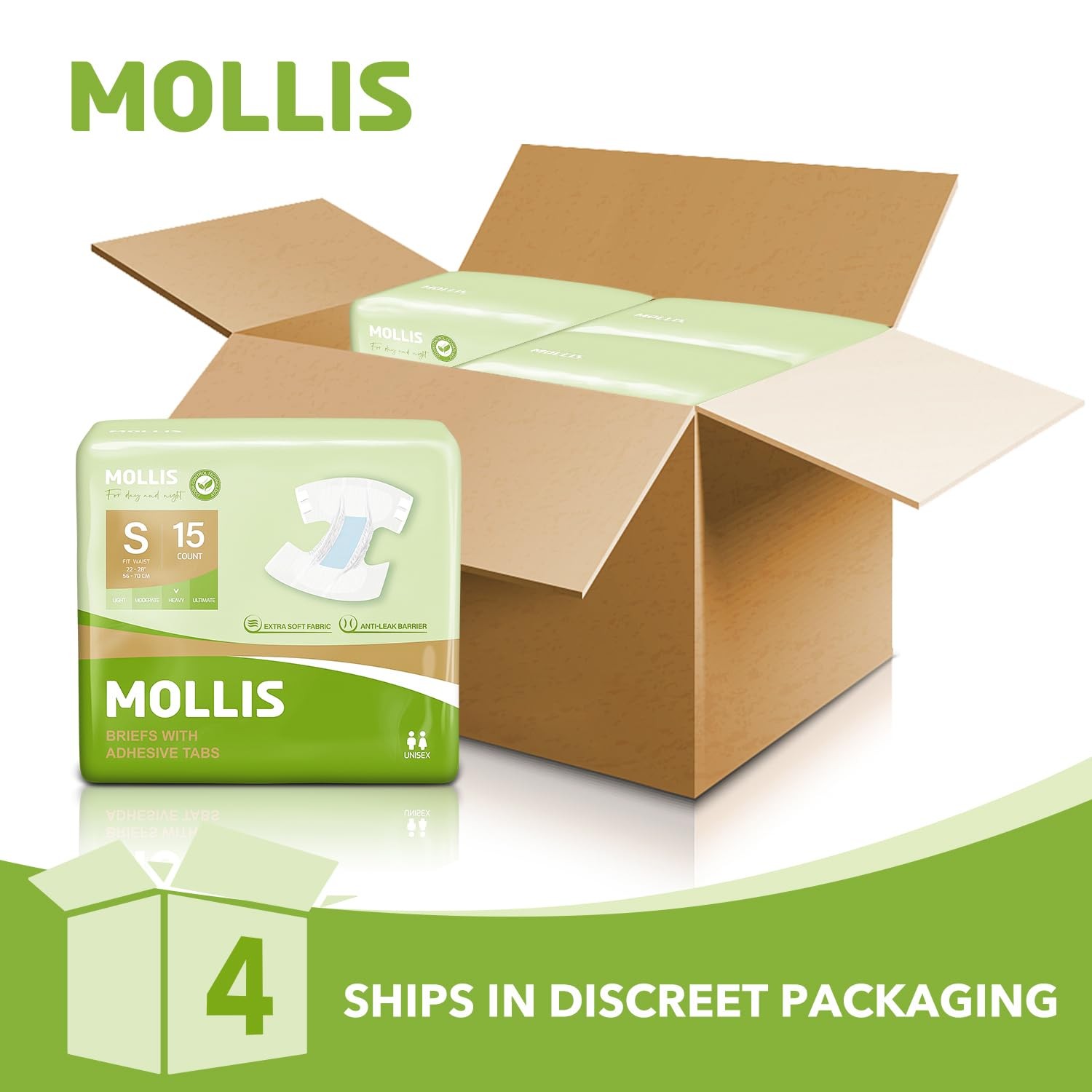 MOLLIS Adult Diapers for Women and Men, Unisex Disposable Incontinence Briefs wi