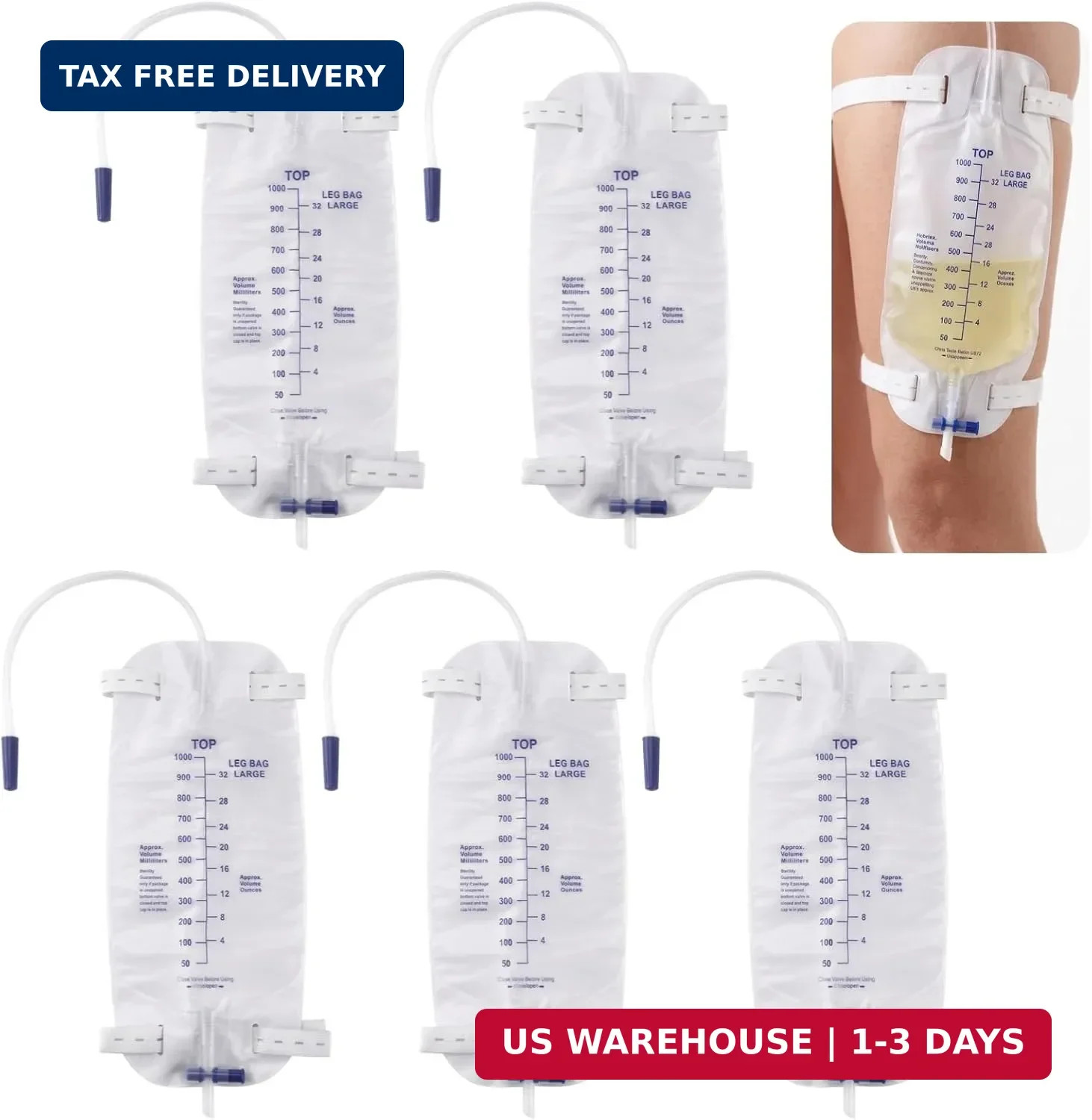 5 PCS Catheter Bags for Men, 1000 ml/33.8oz Foley Catheter Leg Bags, Urine Bags