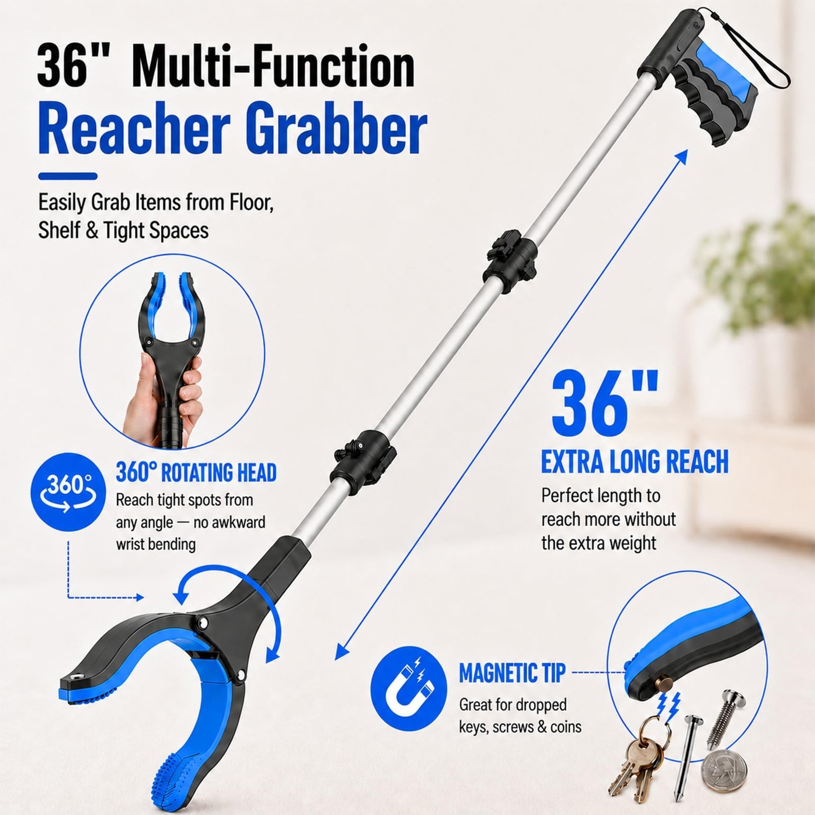 36″ Long Reacher Grabber Tool 2-Pack – Anti-Slip Jaw, 360° Rotating, Magnetic Ti