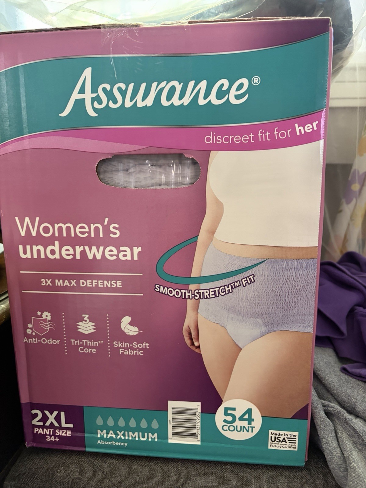 Assurance Women’s Incontinence Pants 2XL Maximum Anti-Odor 54 Ct Purple
