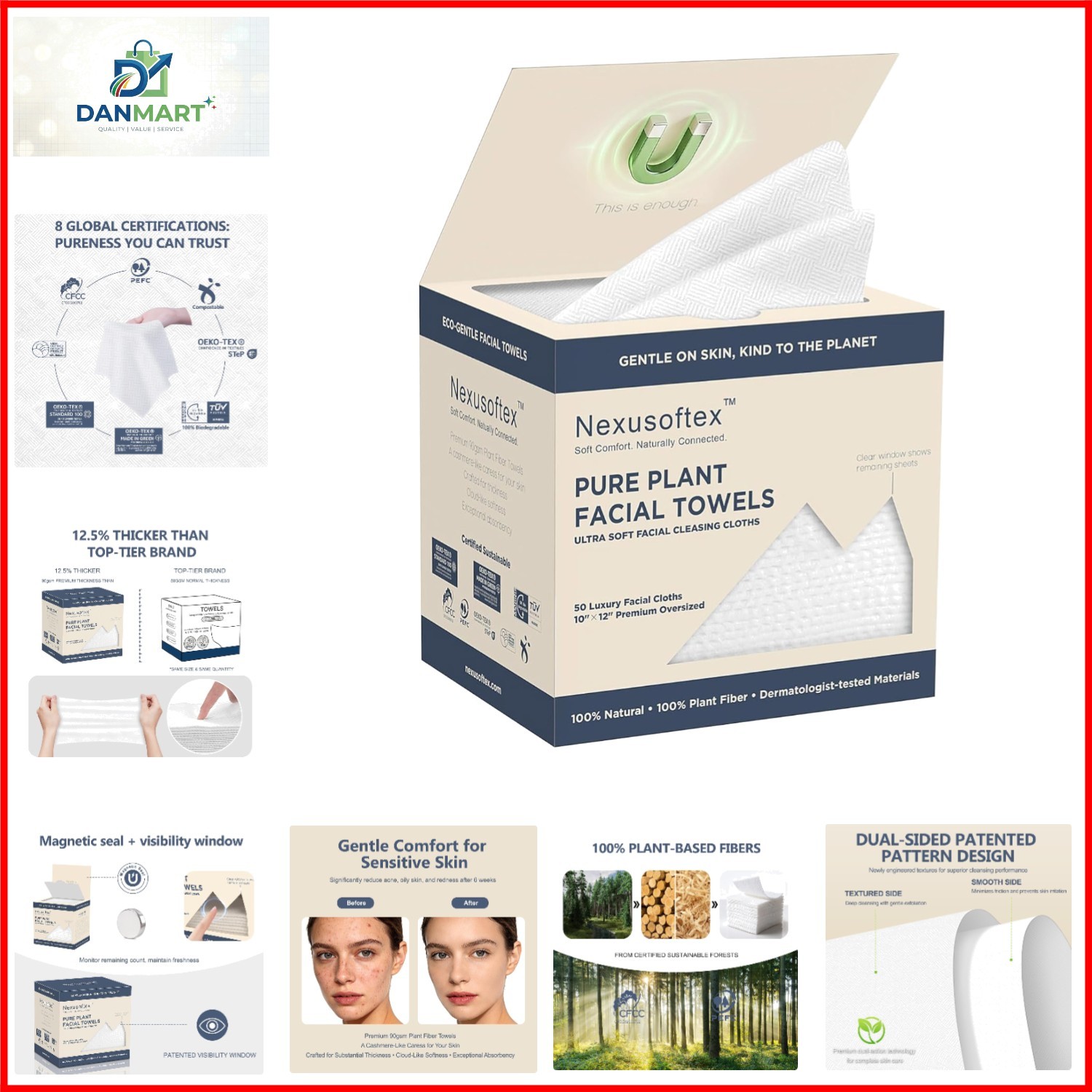 Disposable Face Towels, 10″x12″ XL, 90gsm Ultra-Thick 100% USDA Biobased Faci…