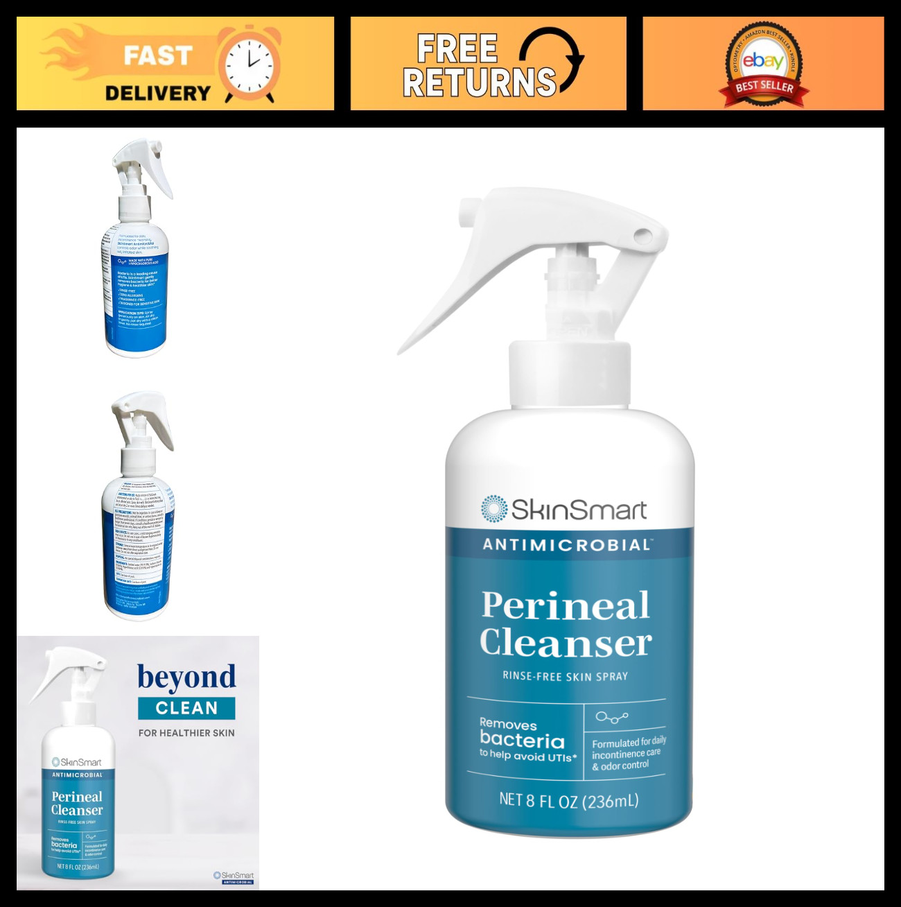 Antimicrobial Perineal Cleanser Spray for Incontinence & Postpartum Care, 8 oz