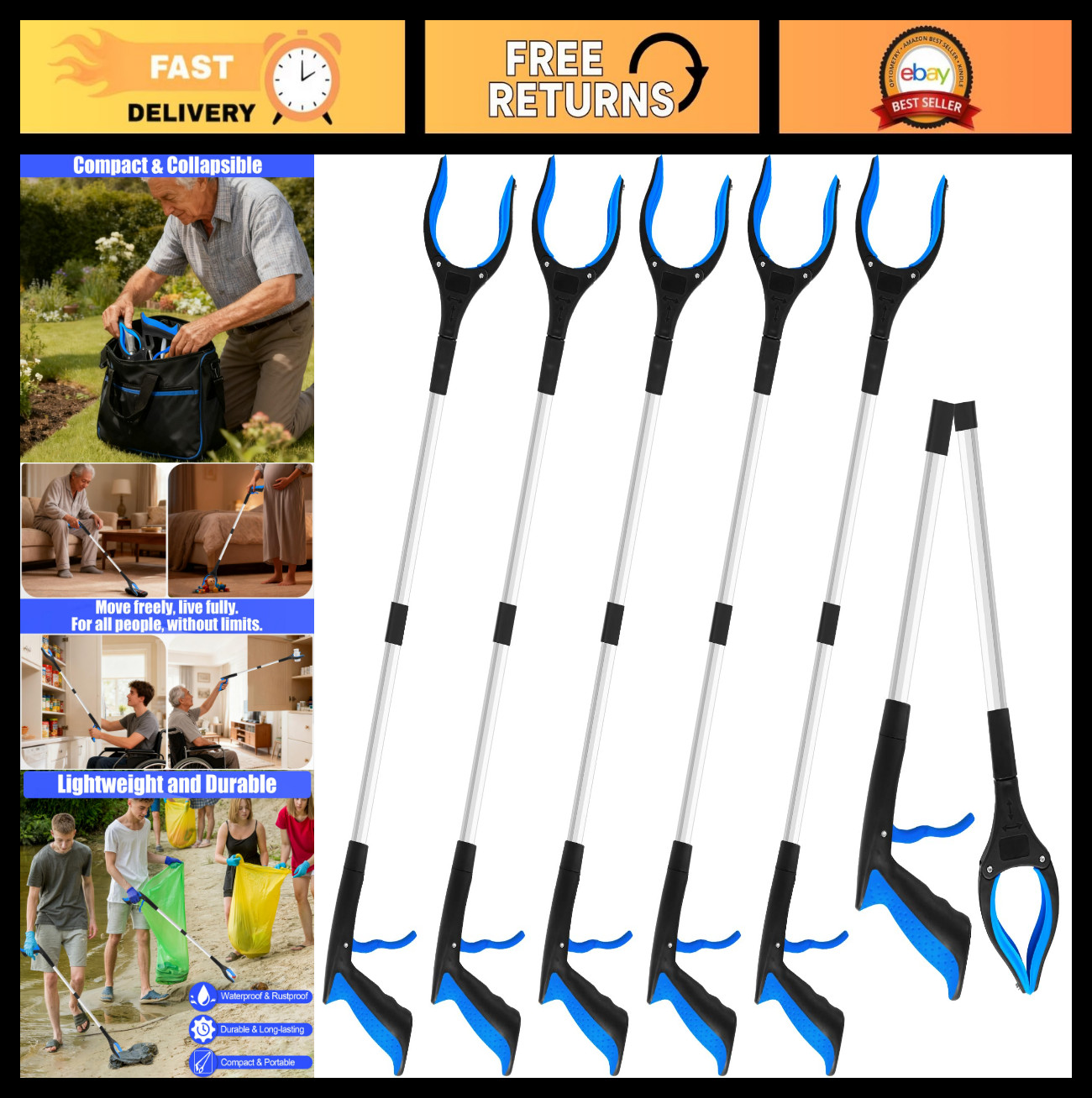 6 Pack 32″ Heavy Duty Trash Grabber Tool – Foldable Reacher with Ergonomic Handl