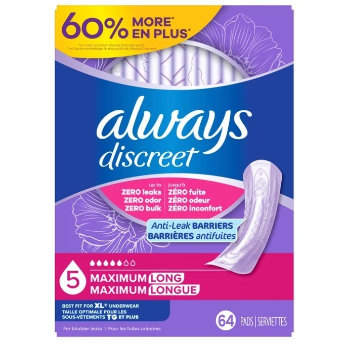 Always Discreet Maximum Absorbency Long Pads 64 Ct Bladder Protection, Sale