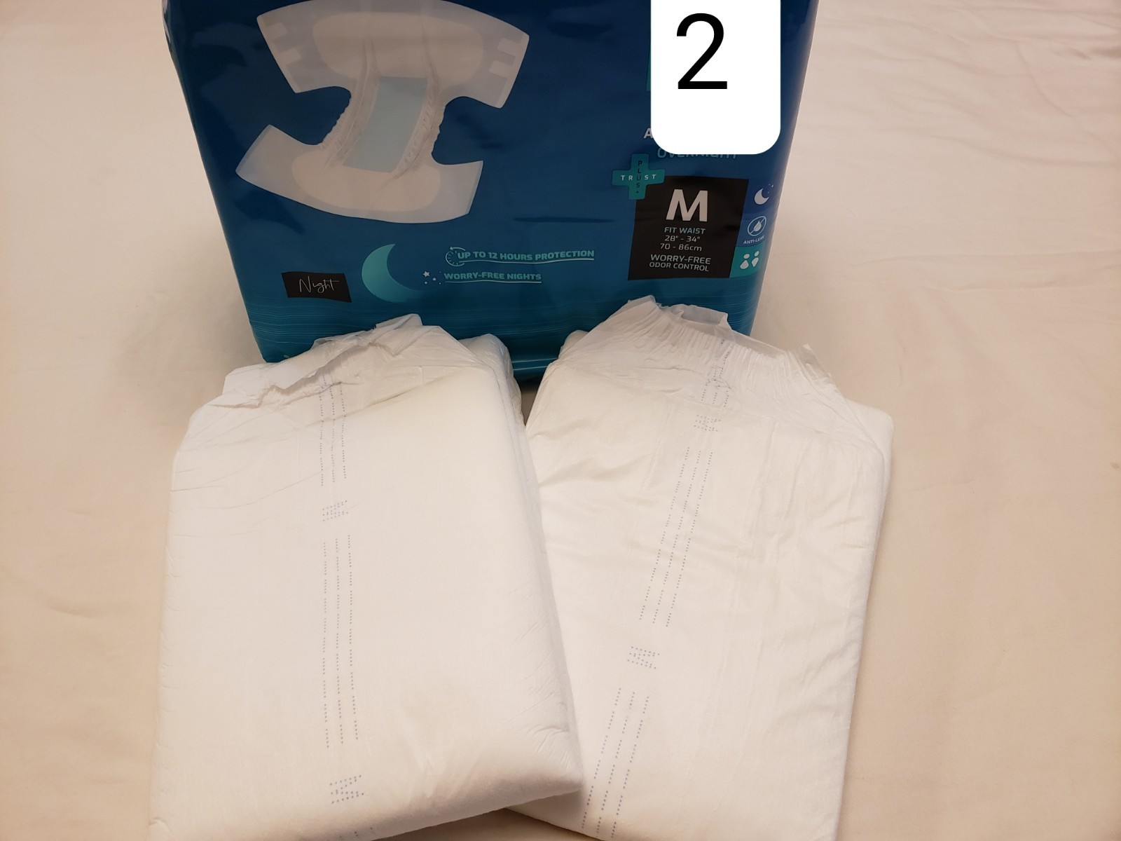 (2) Samples of Sunkiss Trust Plus Overnight Diapers Size Medium 2600ML 28″-34″