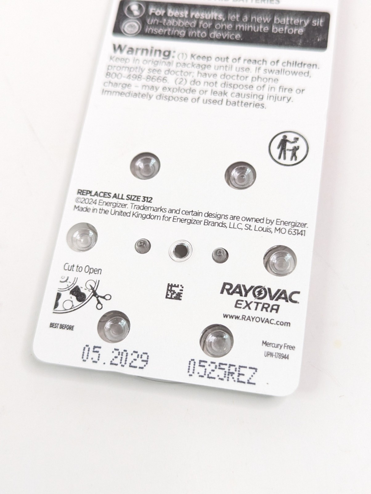 Rayovac EXTRA 312 Brown Hearing Aid Batteries 312CR-6XEUS Exp 05/2029 60 Pack