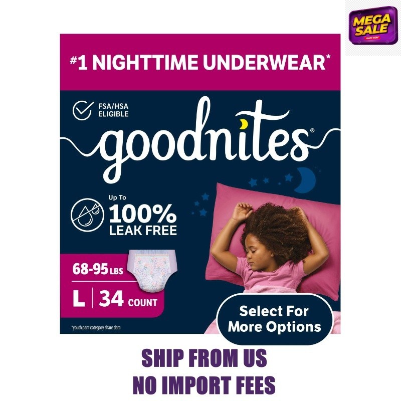 Goodnites Girls Nighttime Bedwetting Underwear, L (68-95 lbs), 34 Count