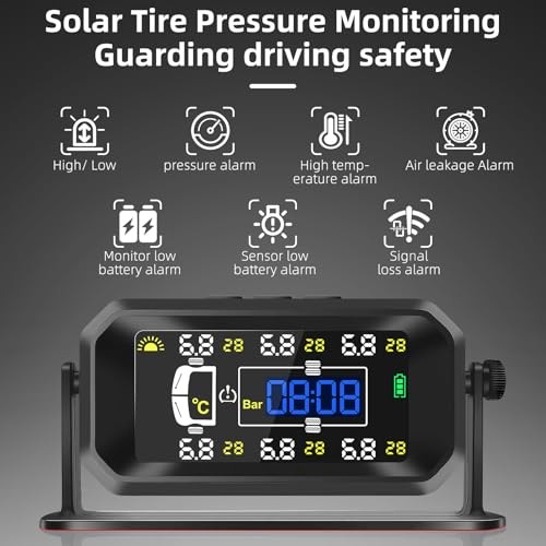 RV TPMS, Solar USB Tire Monitor for RV Trailer Truck, 144PSI with 6 Sensors |
