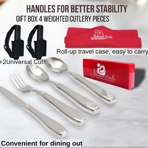 Weighted Utensils for Hand Tremors & Parkinson’s | 4-Piece Set with Easy Grip Cu
