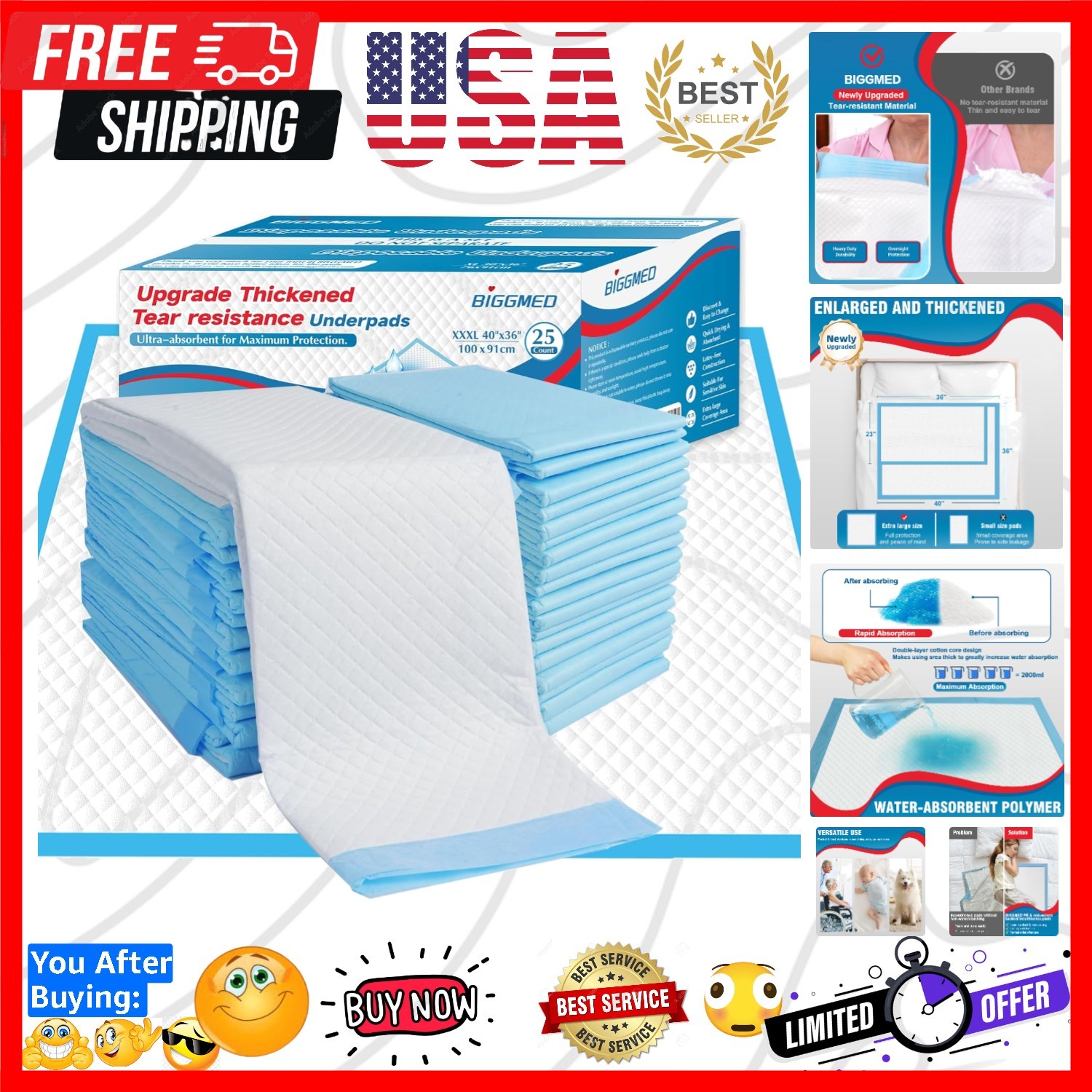Extra-Large 40” x 36” Disposable Underpads – 25 Count, Leak-Proof Protection