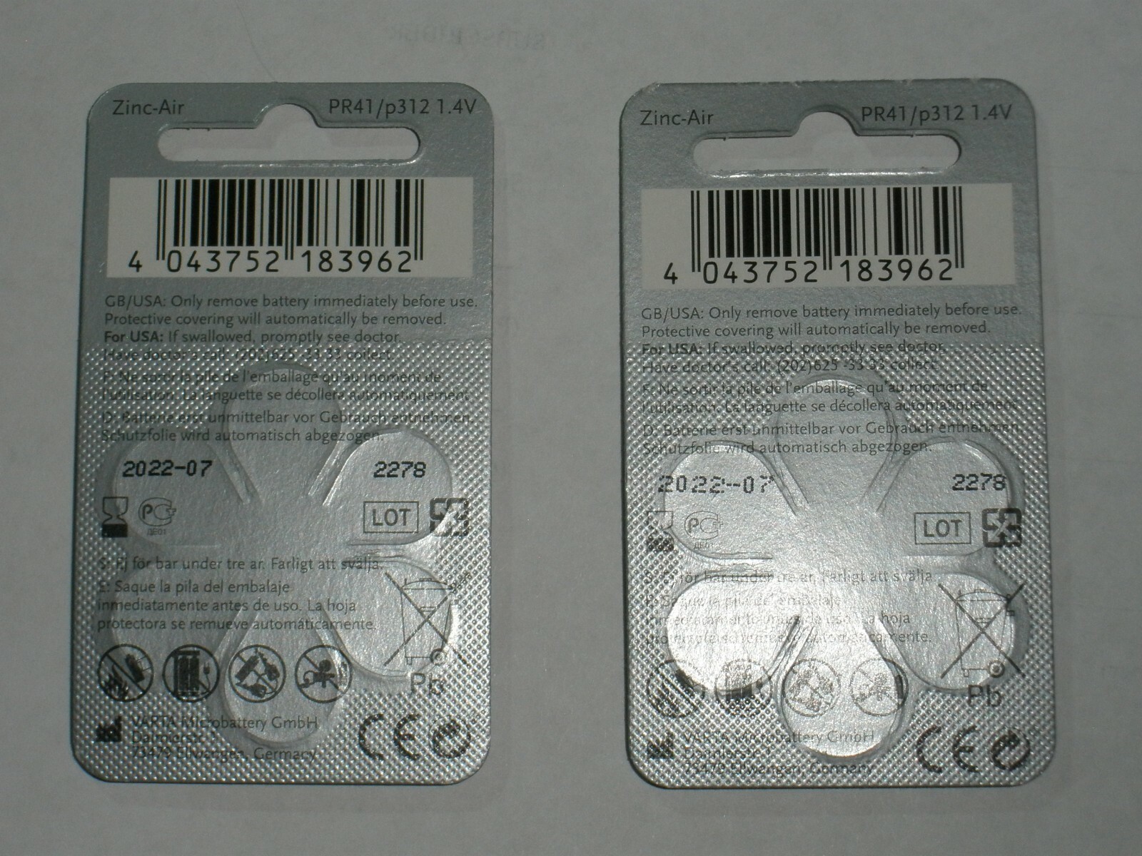 3-pack lot (18 batteries) PowerOne Hearing Aid Battery, P312, Exp 07/2022