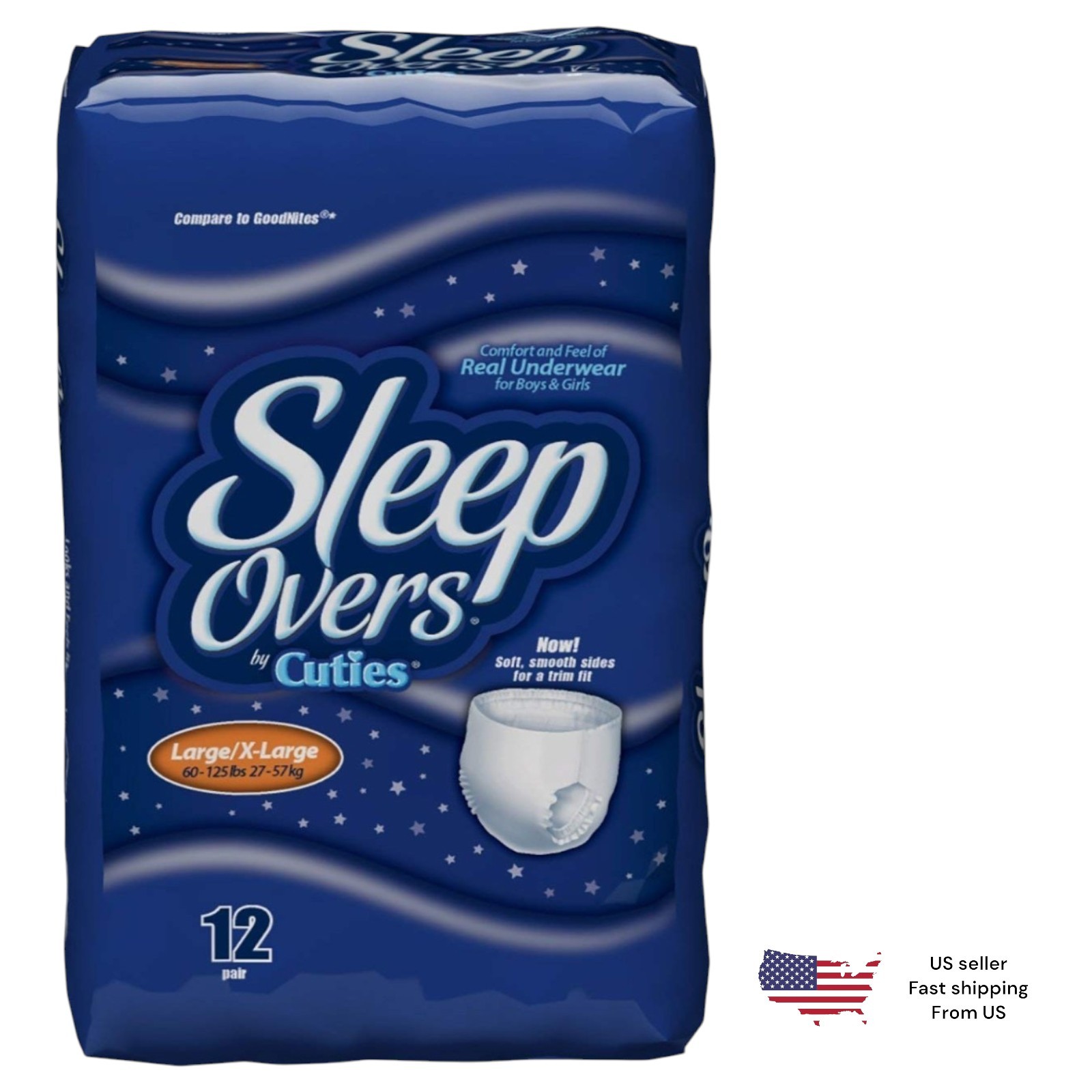Sleep Overs By Cuties Pull Up L/XL 60-125 Lbs (27-57) Kg Count 12 Pack