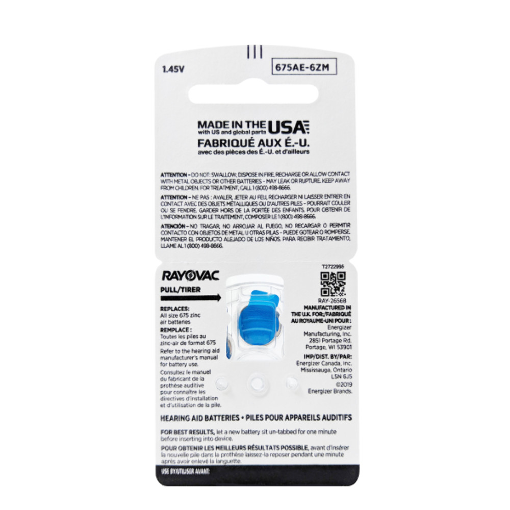 180x Rayovac Extra Advanced Size 675 Mf PR44 Hearing Aid Batteries 1.45V Zinc Ai