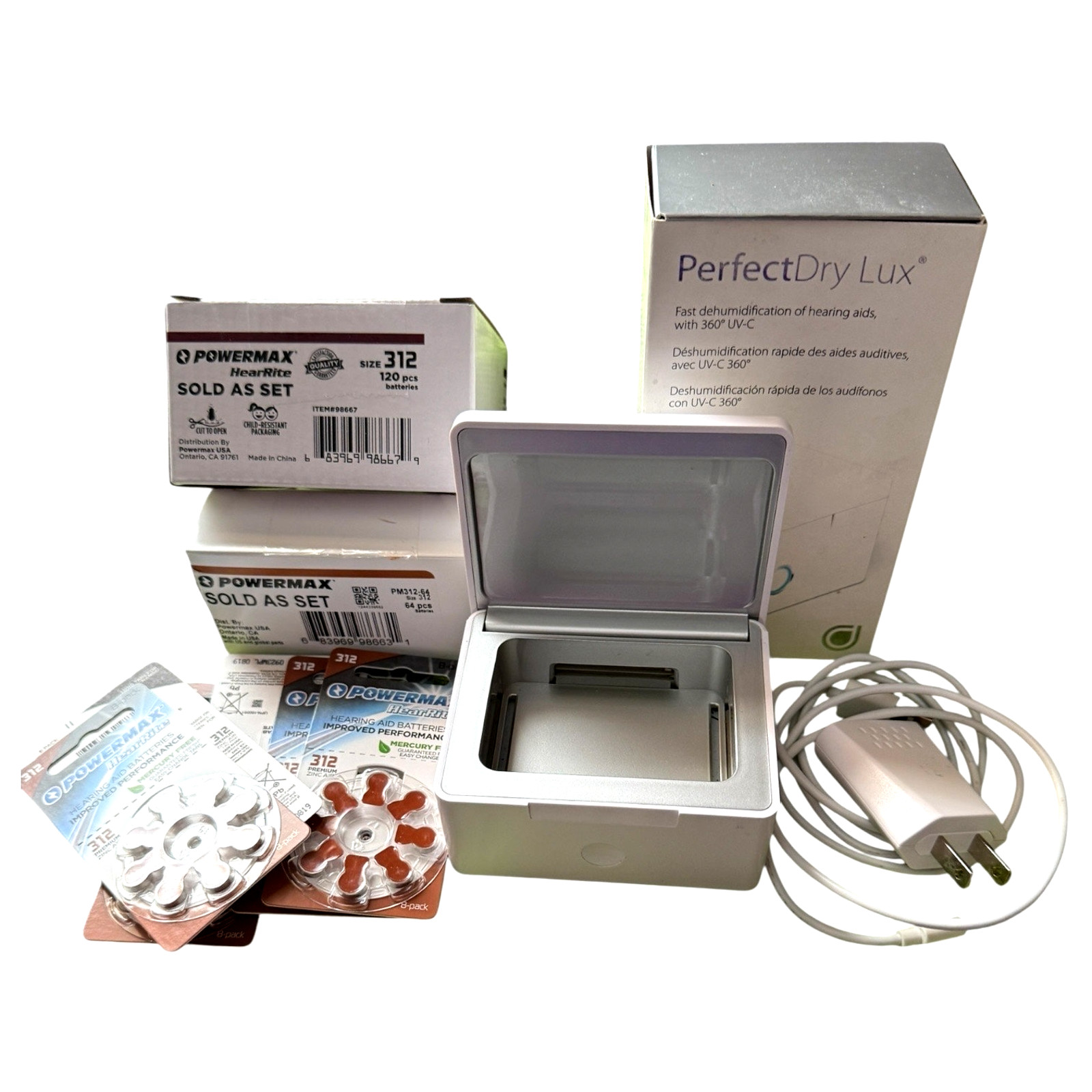 Perfect Dry Lux Hearing Aid Dryer Dehumidifier UV-C Lot & 170 PowerMax Batteries