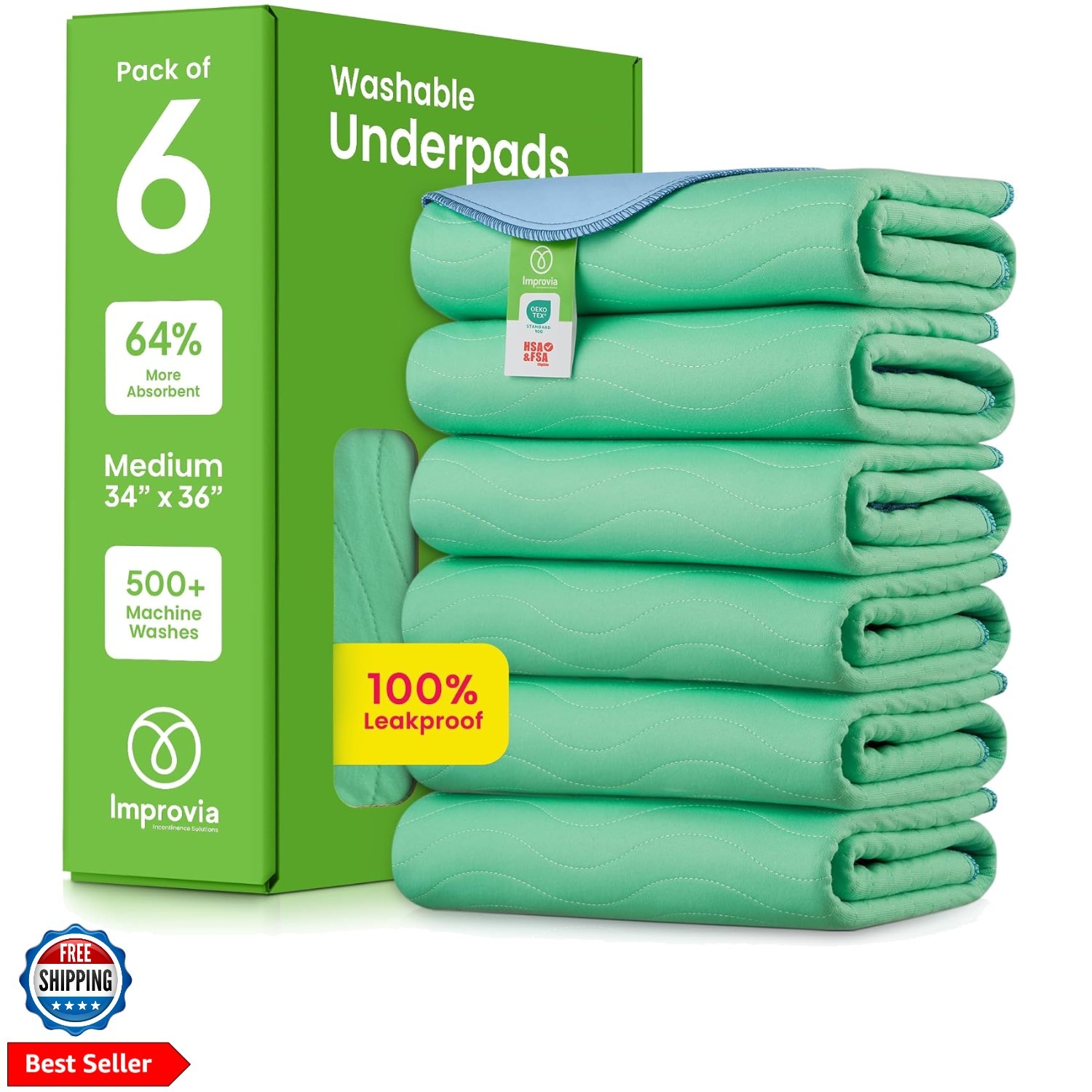 Washable Underpads, 34″ x 36″ Pack of 6 – Heavy Absorbency Reusable Incontine…