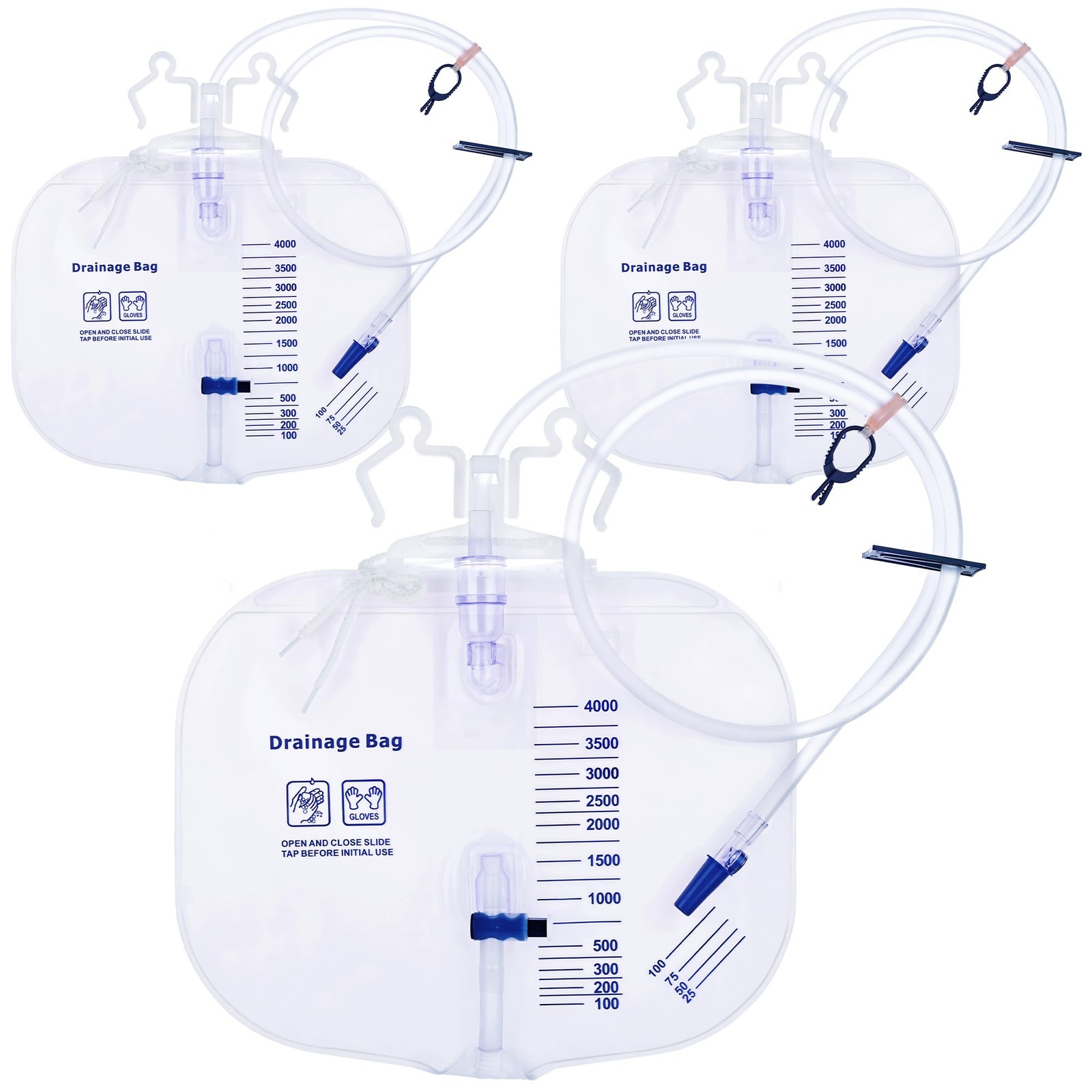 Urinary Drainage Bag 4000ml 3 Pack with Anti-Reflux Chamber 50” Drainage Tube
