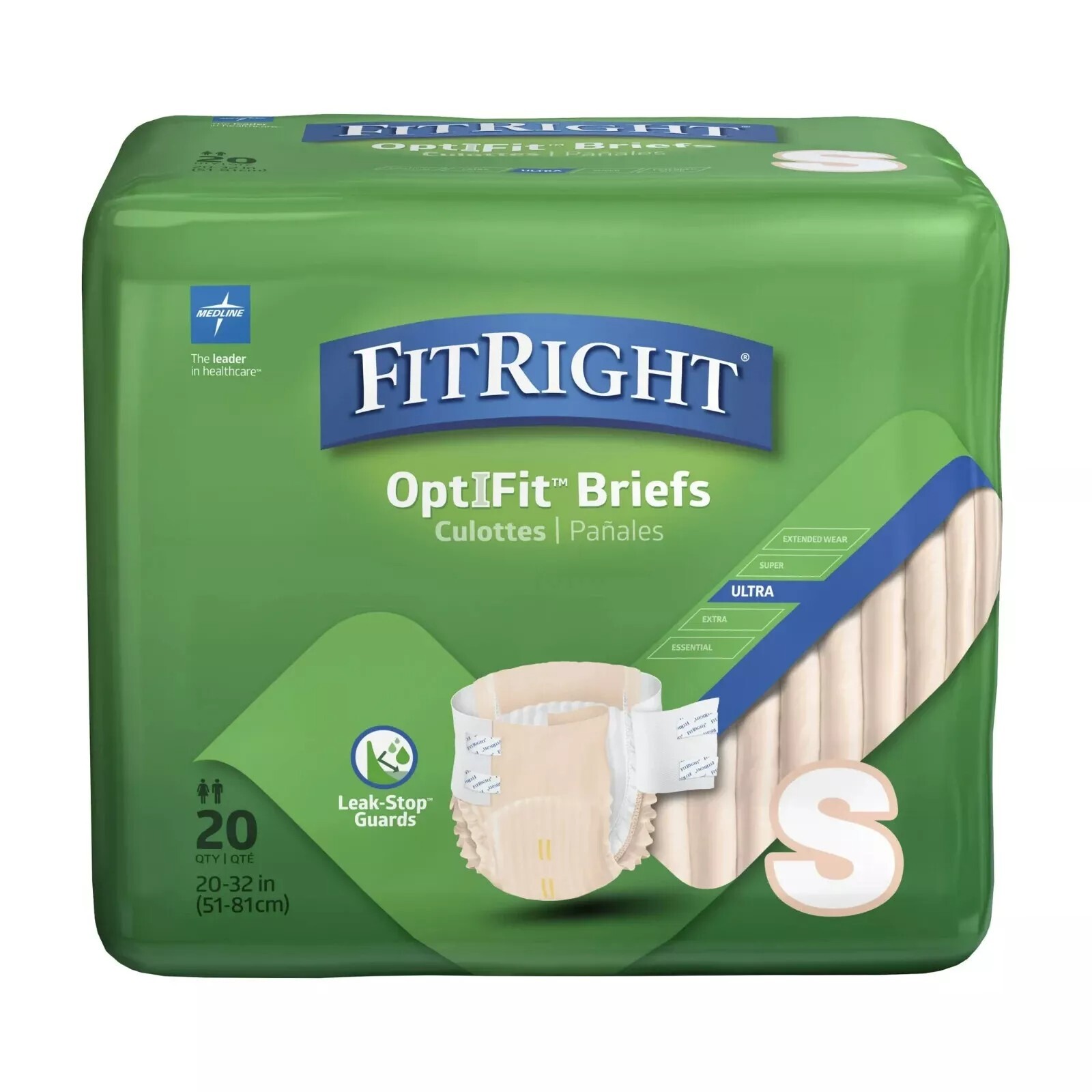 Medline FitRight OptiFit Ultra Adult Briefs, Small, 20 to 32″, 20 Count