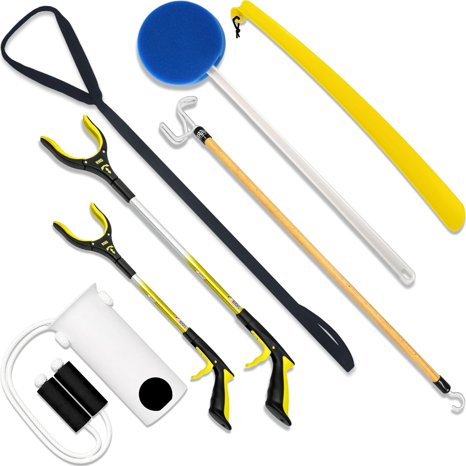 Premium 7-Piece Hip and Knee Mobility Aid Kit with Reachers, Sock Aid, Dressing