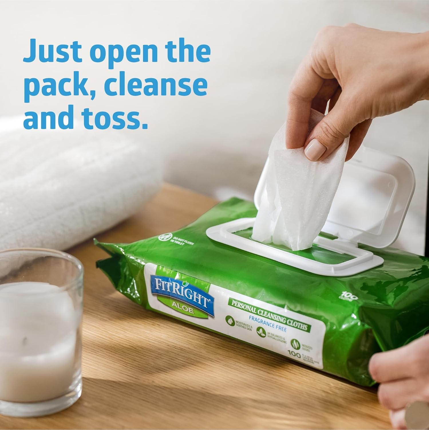 Medline FitRight Aloe Personal Cleansing Cloth Wipes, Scented, Pack of 48, 8 x 1
