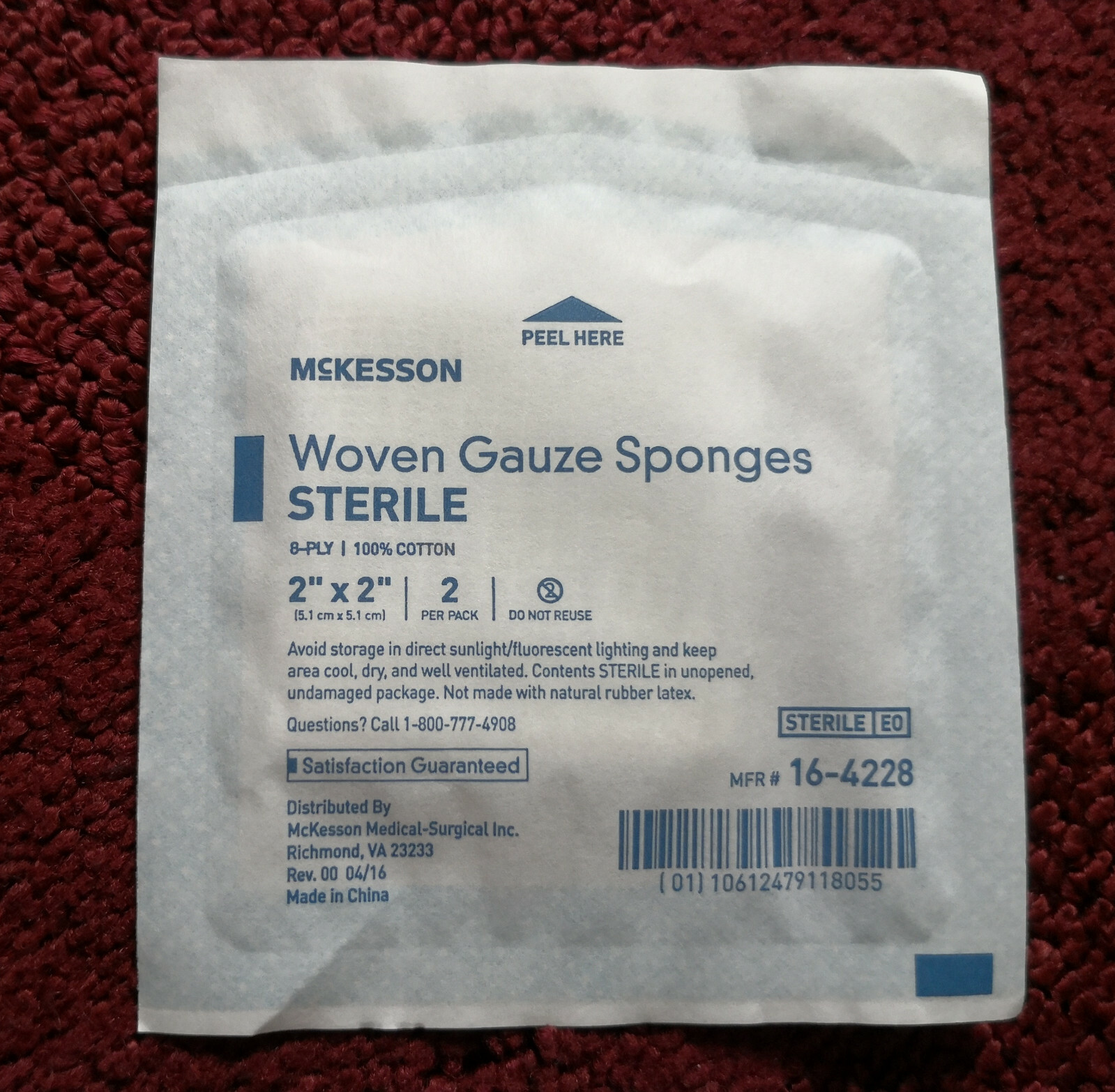 200 Ct. McKesson 8-PLY Woven Gauze Sponges Sterile 2″ x 2″ 16-4228 100% cotton