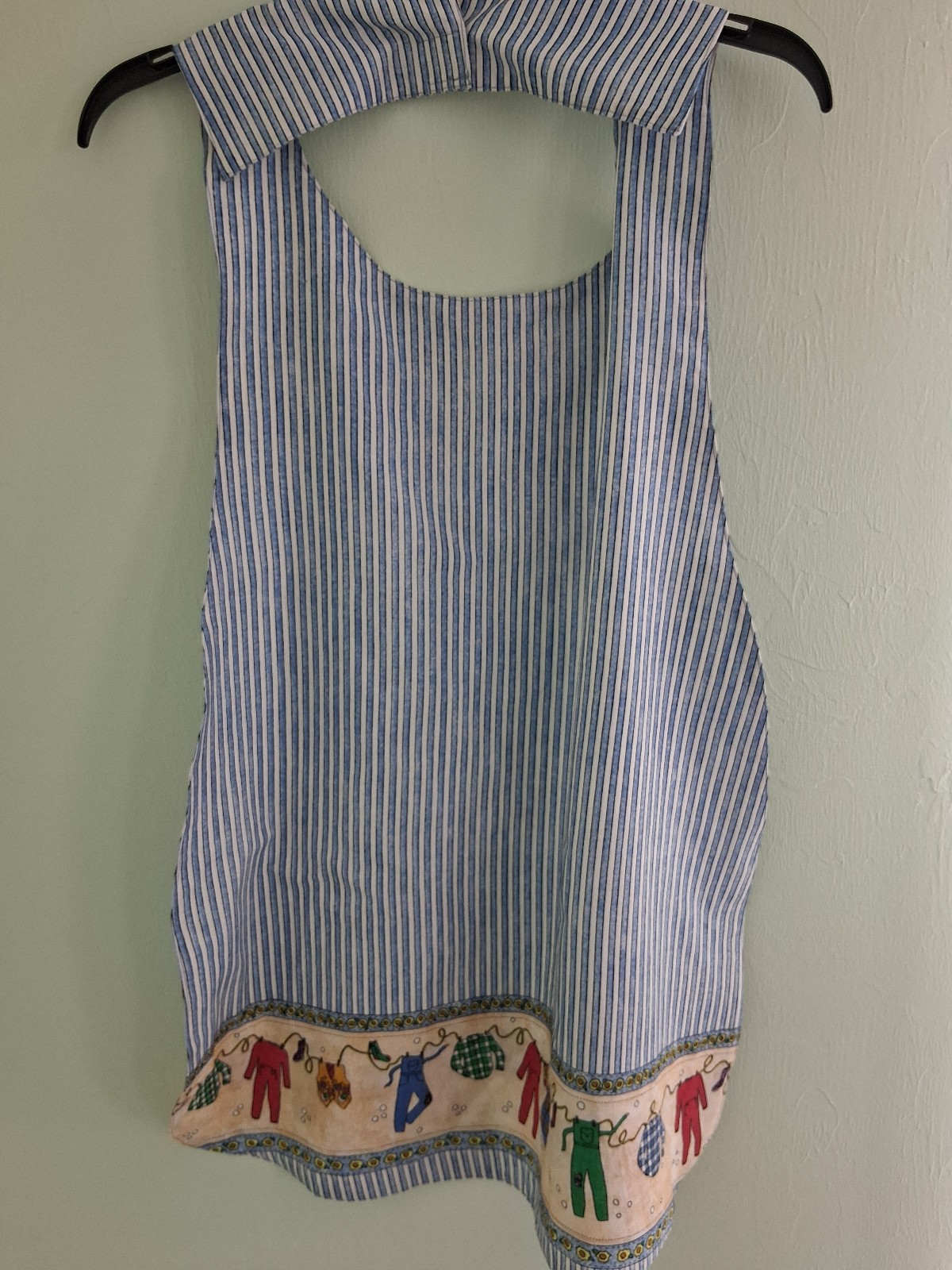 Clothesline/Blue&White Adult Bib, Handmade , 35 1/2” by 21 ½”, reversible