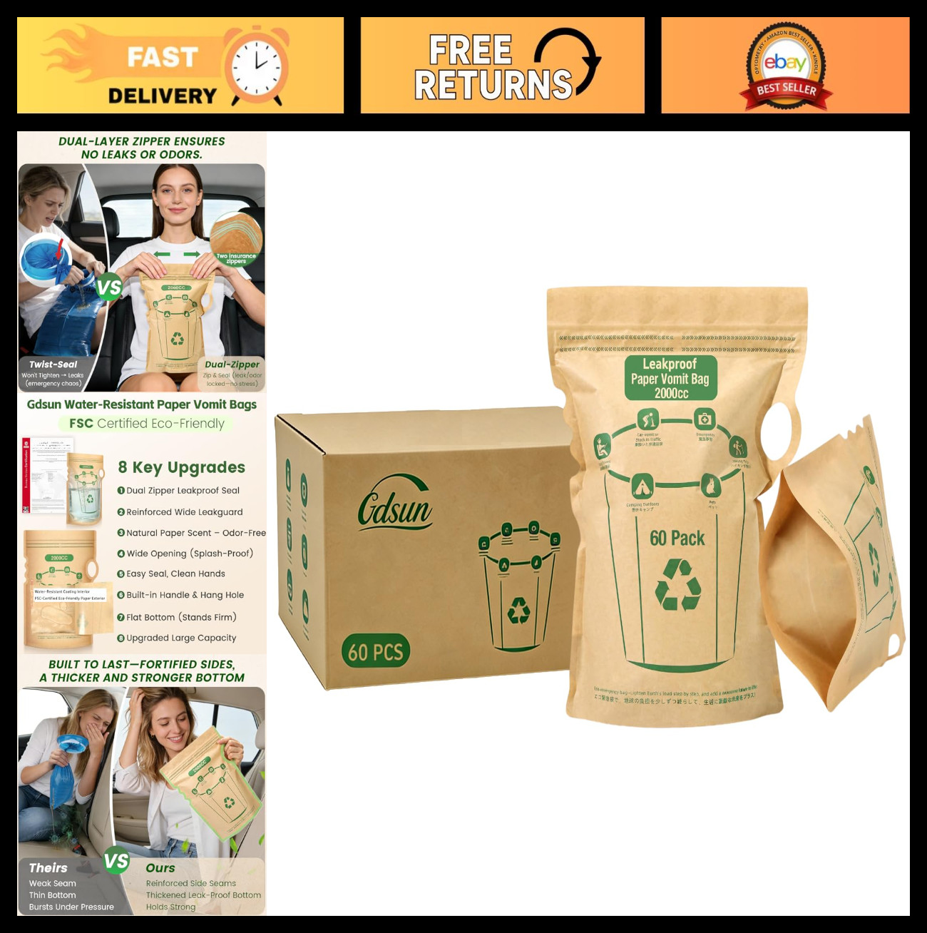 Disposable Vomit Bags 2000cc – Leakproof, Eco-Friendly, Water-Resistant – 60 Pac
