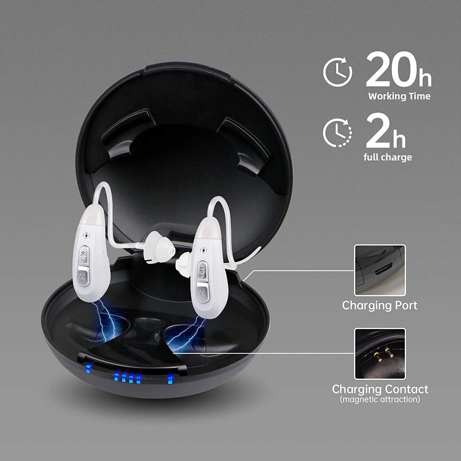 Hearing Aids Rechargeable, All Day Battery, Charging Case, Noise Canceling, BTE