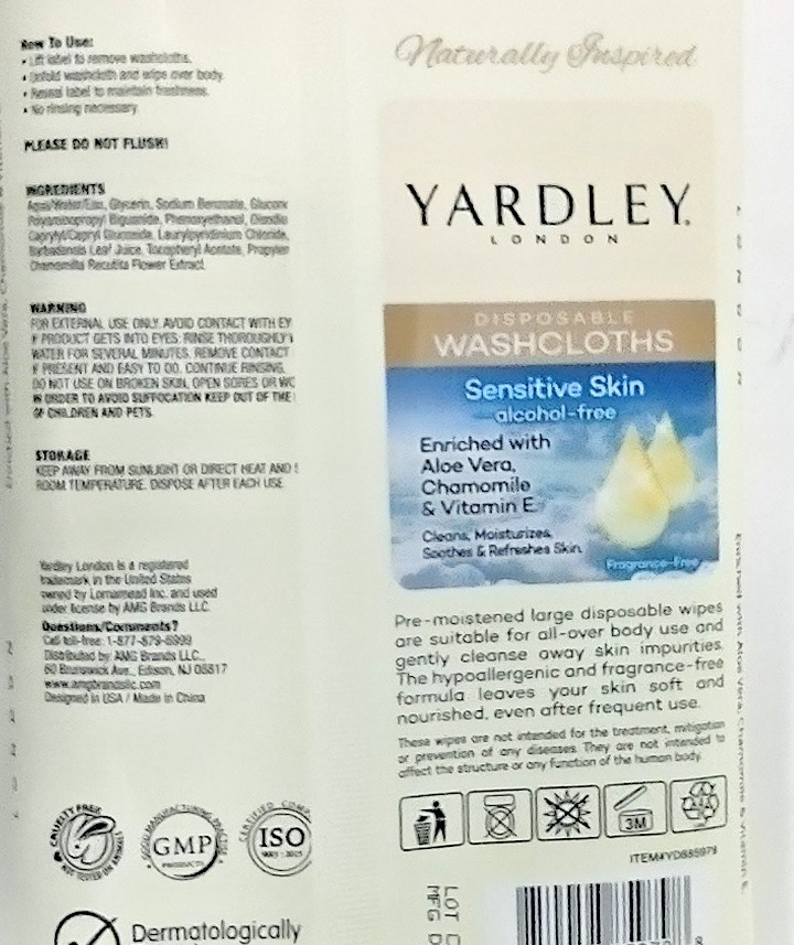 ( Lot 12 ) Disposable SENSITIVE SKIN Washcloths 18/Pk Yardley London NEW SEALED