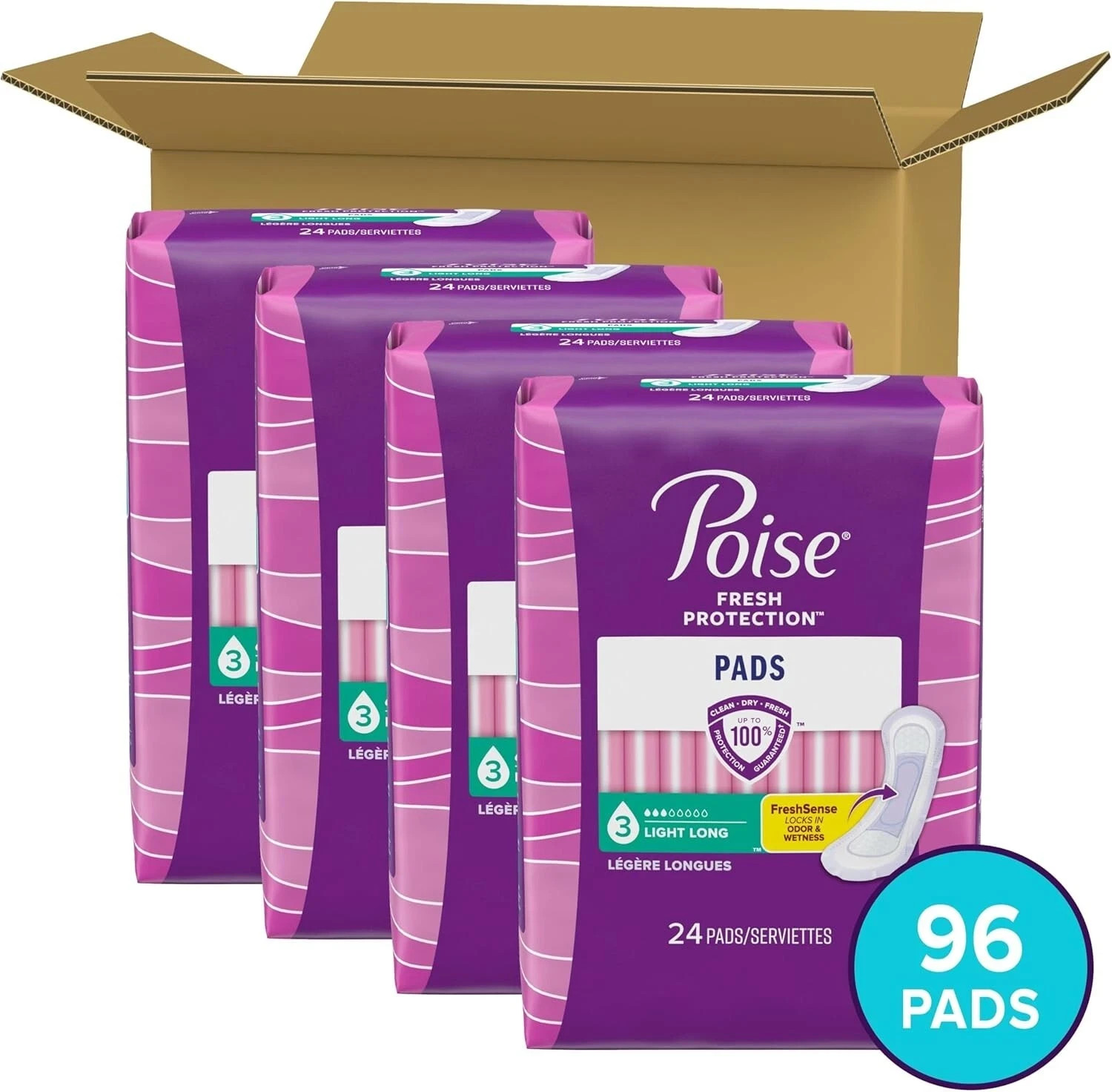 (4 x 24 PACKS) Poise Incontinence Pads, Liners, Light Absorbency, Long, 96 ct ✅