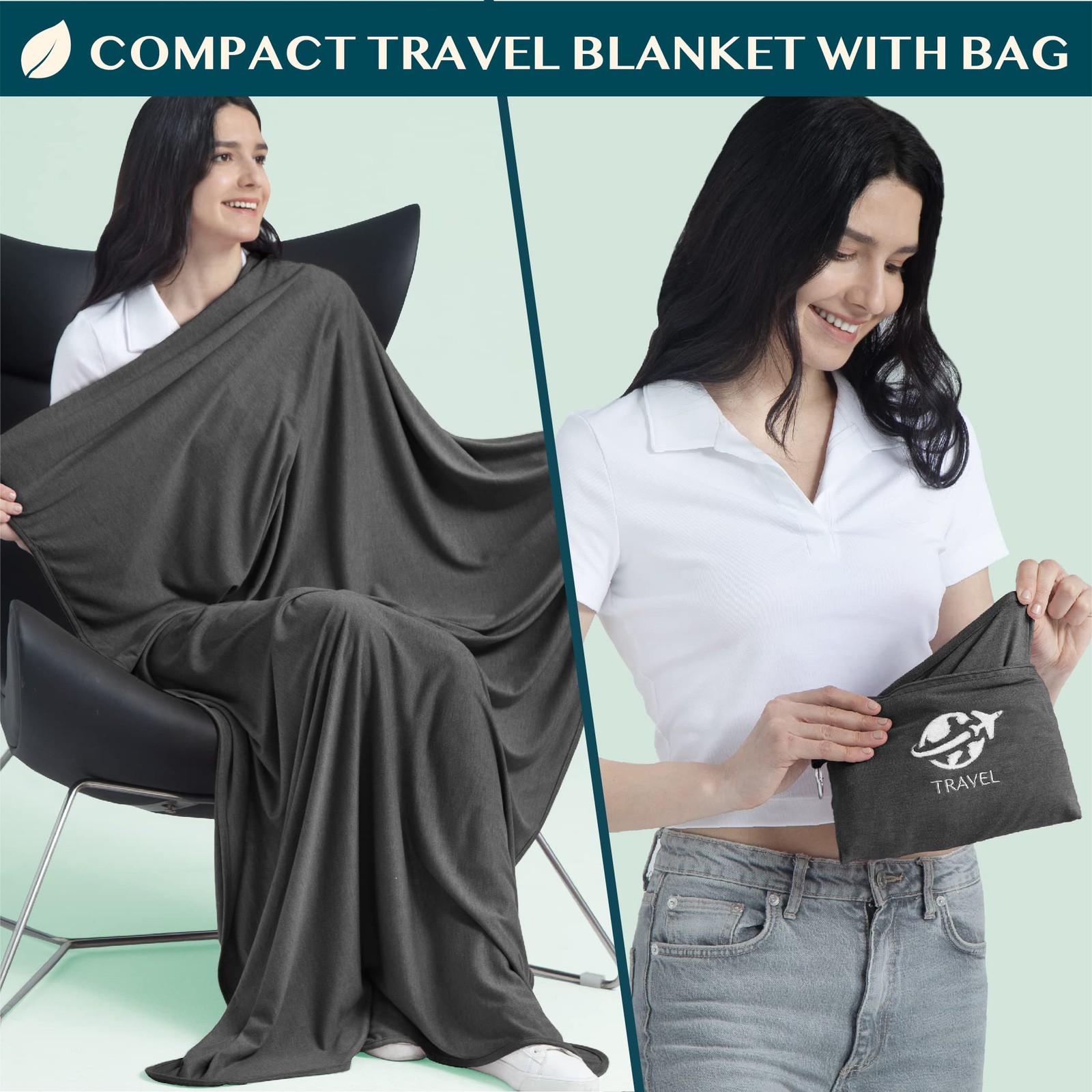 PAVILIA Travel Blanket Airplane Compact with Bag, Small 65 x 40 inches, Black