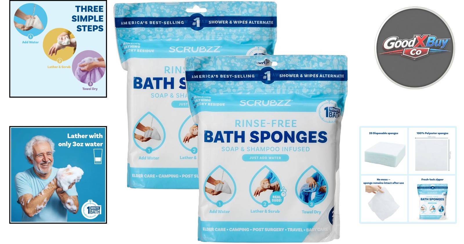 All-in-2 Pack Rinse-Free Bathing Wipes Hypoallergenic Gentle Cleansing for Body